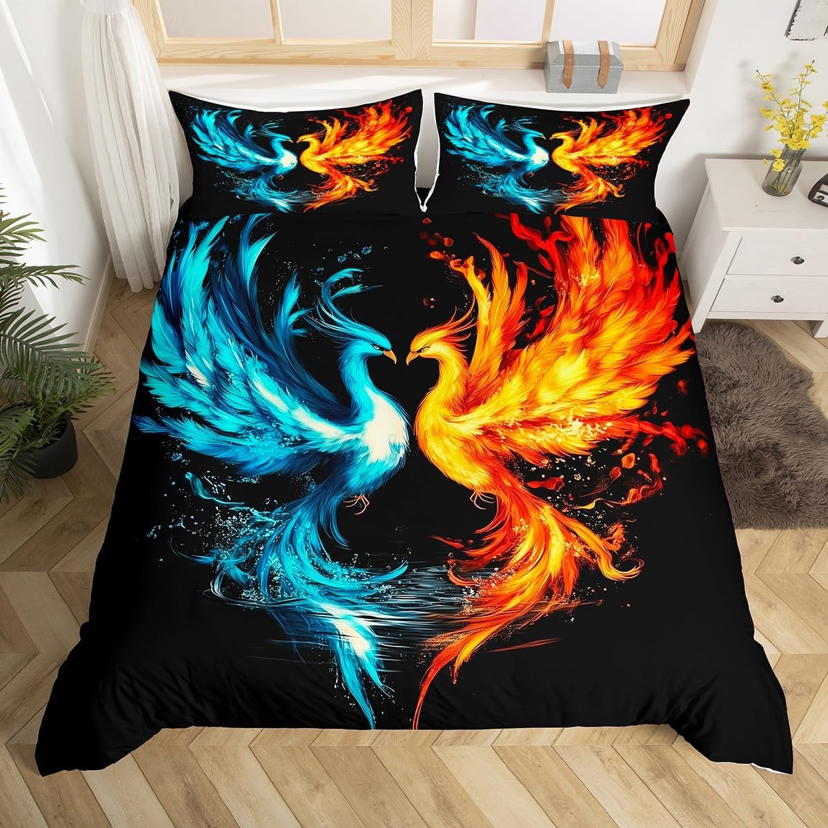 Feelyou Kids Phoenix Bedding Set Twin Size Ice Fire Phoenix Bedding Duvet Cover Set Decor Magic Bird Ancient Wildlife Cute Animal Comforter Cover Set Blue Red Bedspread Cover 2Pcs,No Comforter