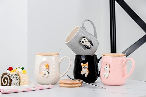 Miniatura 9 de Taza de café de cerámica, diseño de gato 3D con tapa y cuchara a juego, taza hecha a mano de dibujos animados para té, leche y chocolate, jugo