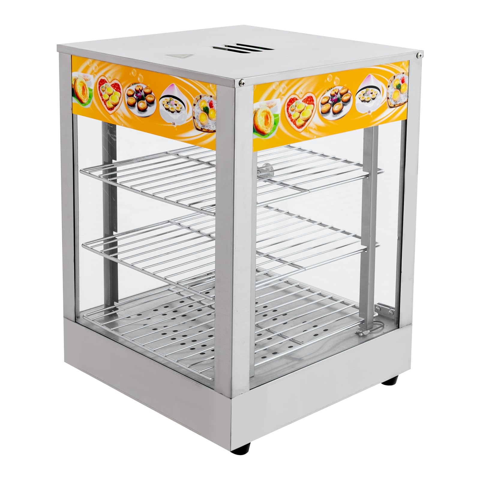 Vitrina de acero inoxidable 3 niveles, 800 W, mostrador de calor iluminado, 30-85 °C