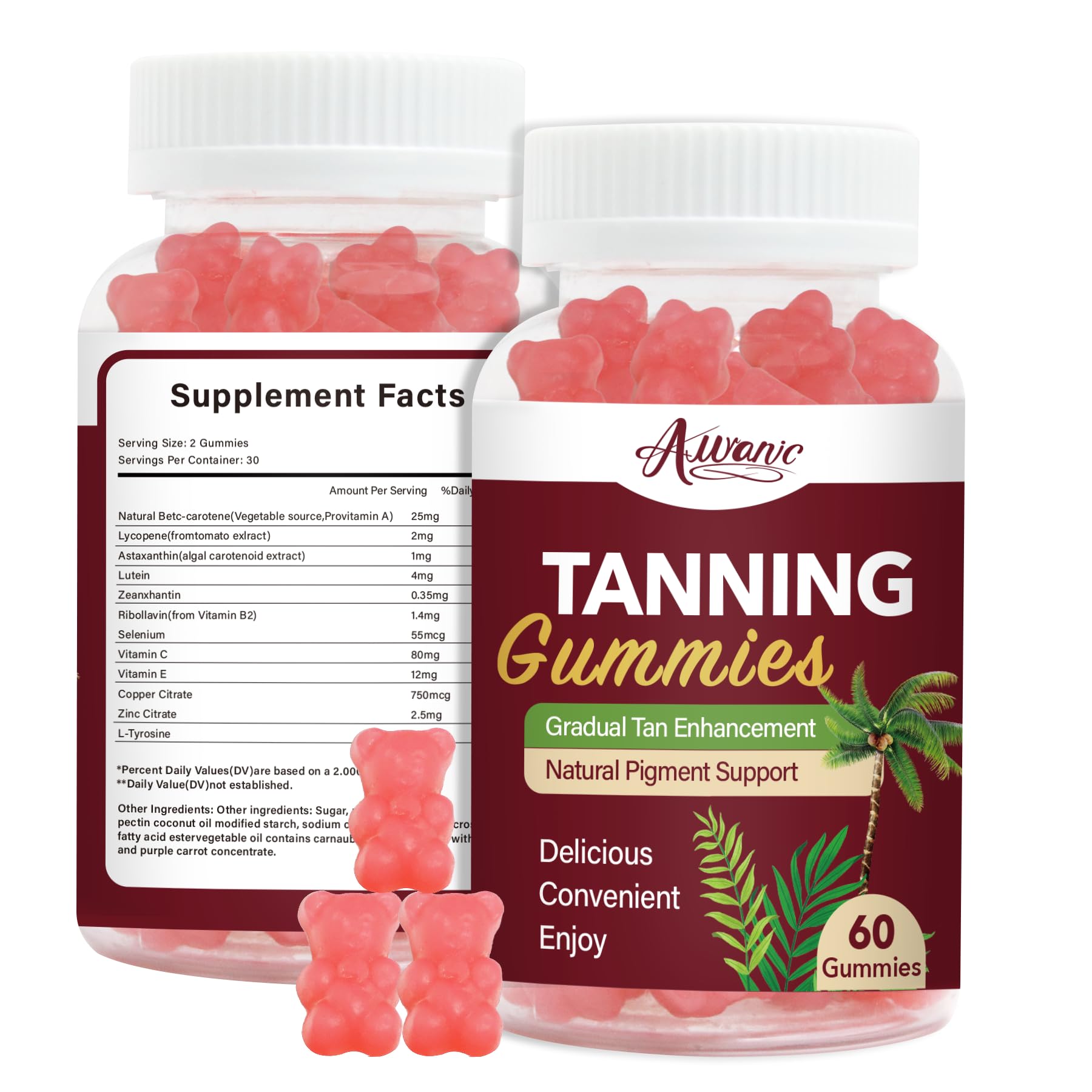 60 Count Bronze Bites Tanning Gummies for Women that Work Fast Without Sun, Self Tan Daily Chews Gummy with Beta Carotene Astaxanthin Lycopene zinc (Citrate) Vitamins for Skin Health