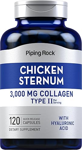 Piping Rock Suplemento de colágeno tipo II de esternón de pollo | 3000 mg | 120 cápsulas | con ácido hialurónico | Sin OMG, sin gluten