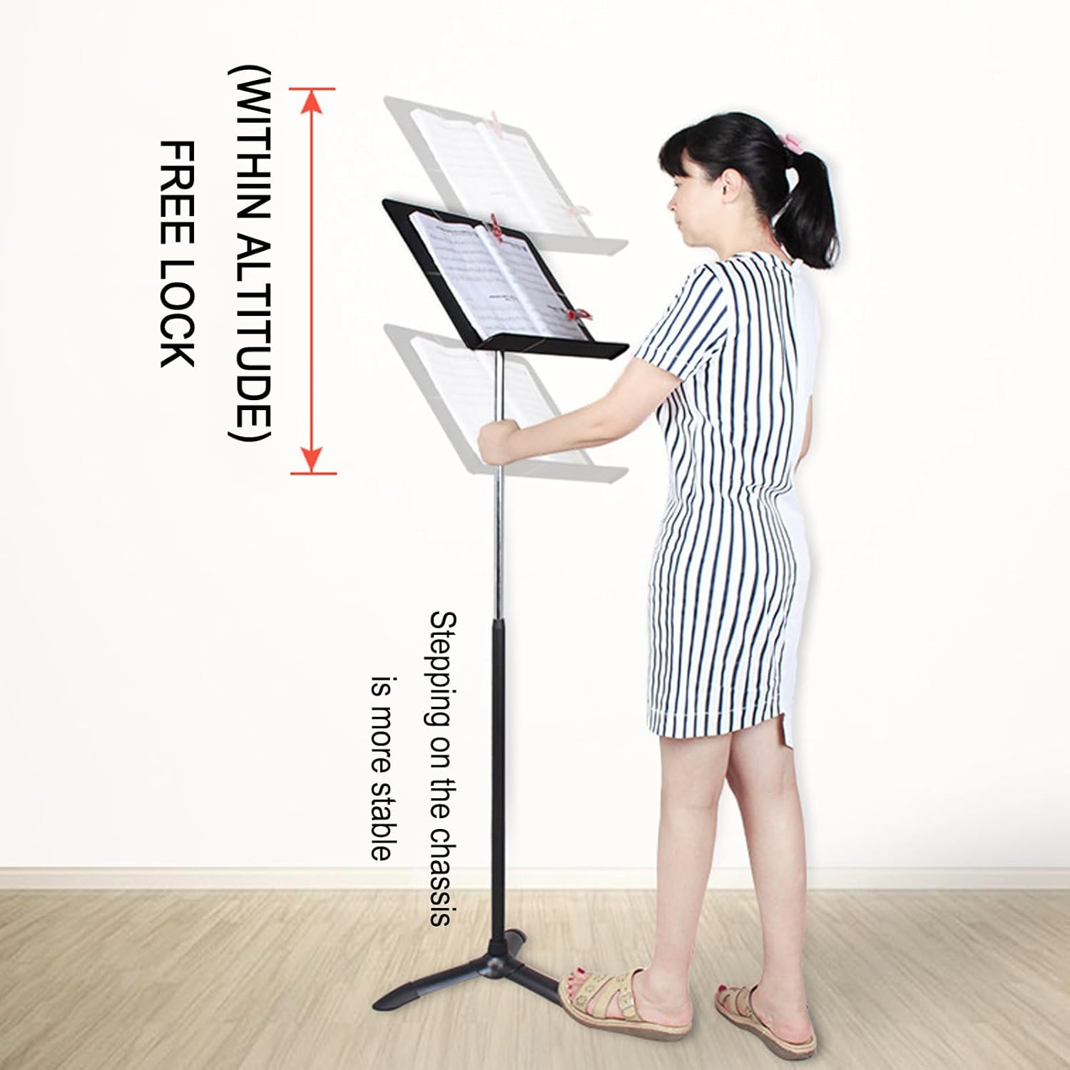 Orchestral Music Stand, Sheet Music Stand for Keyboard with 2 Clips, Height Adjustable, Stable Base, Double-Layer Plastic Music Table, for Training Teaching, Home Practice (Height 1.8m)