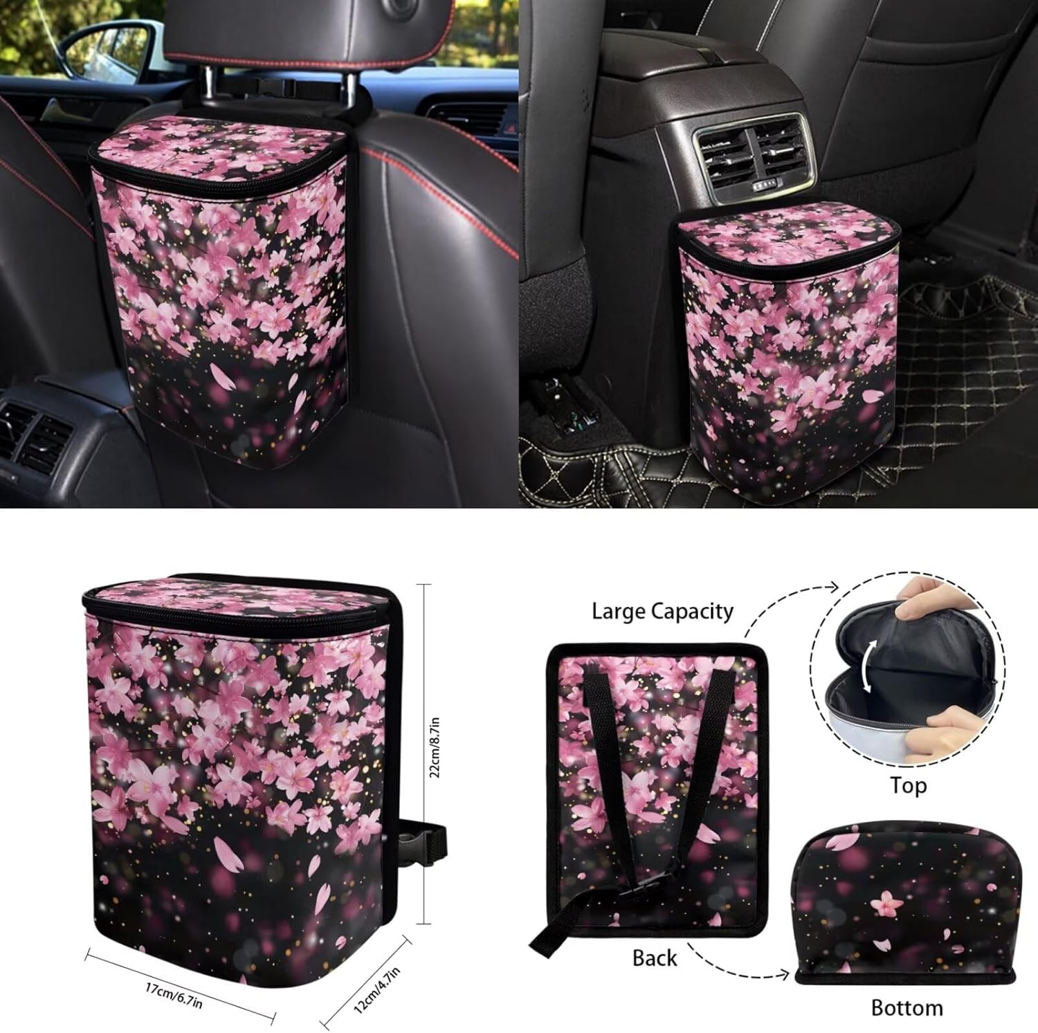Cherry Blossoms 15 Pack Car Seat Cover Full Set with Car Steering Wheel Cover Auto Seat Belt Pads Cup Coaster Trash Can Rear View Mirror Cover Coasters Keychain