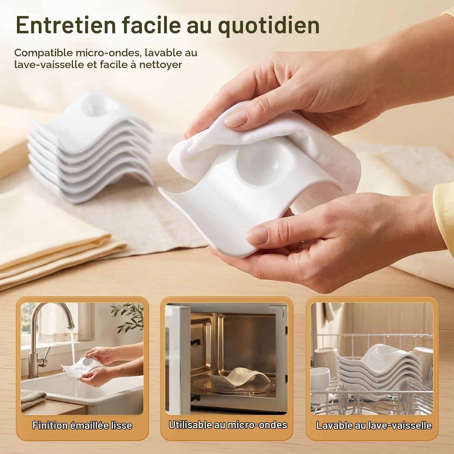 Flexzion Coquetiers pour œufs à la coque - Lot de 6 en céramique - Coquetiers empilables avec socle pour service, petit-déjeuner, brunch - Décor de table, Vagues
