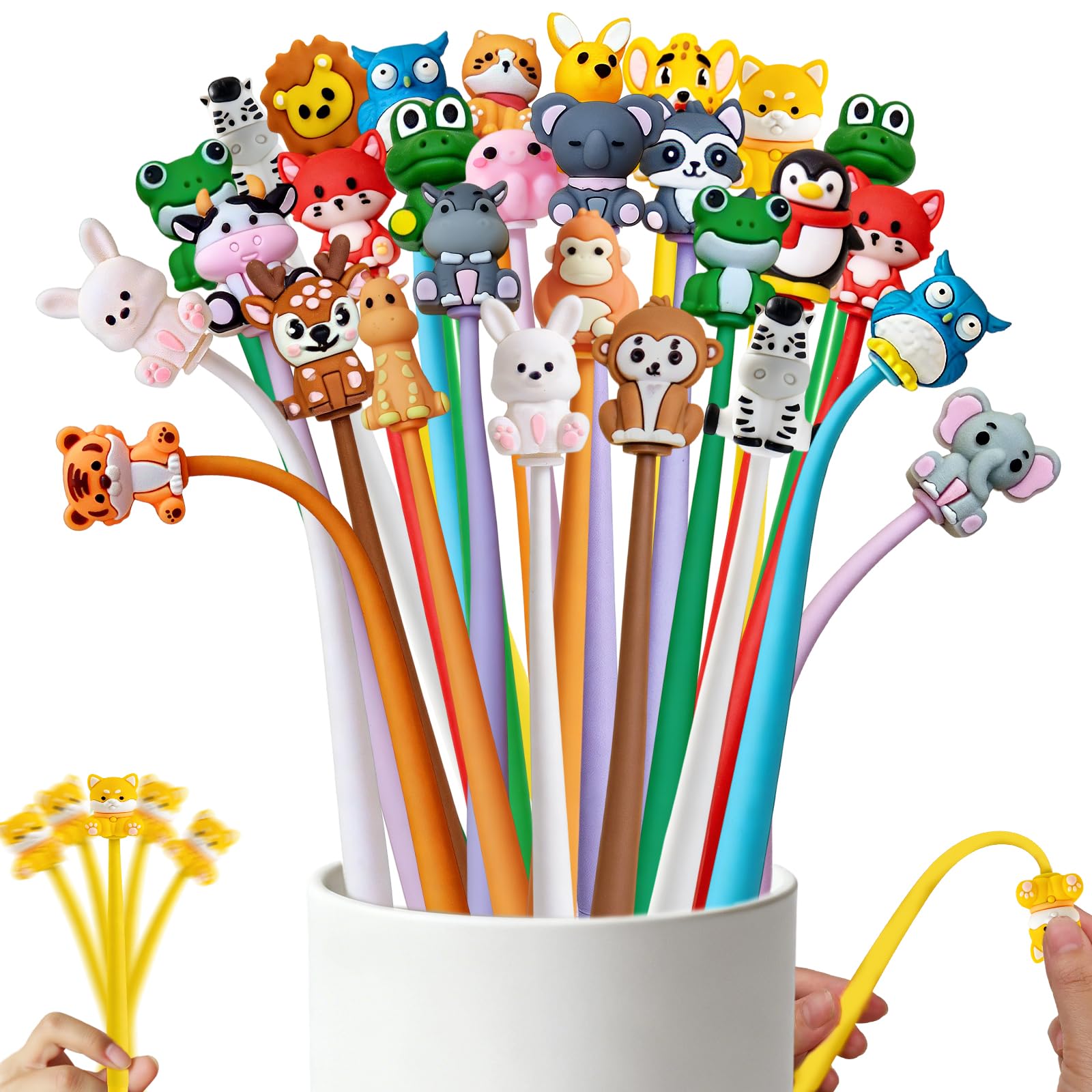 Zhirlyn 30 Pcs Animal pens Cute Fun Pens Stress Relief Bobblehead Pen, Assorted Kawaii Gel Ink Pen for Easter and Birthday Gifts (Animal)