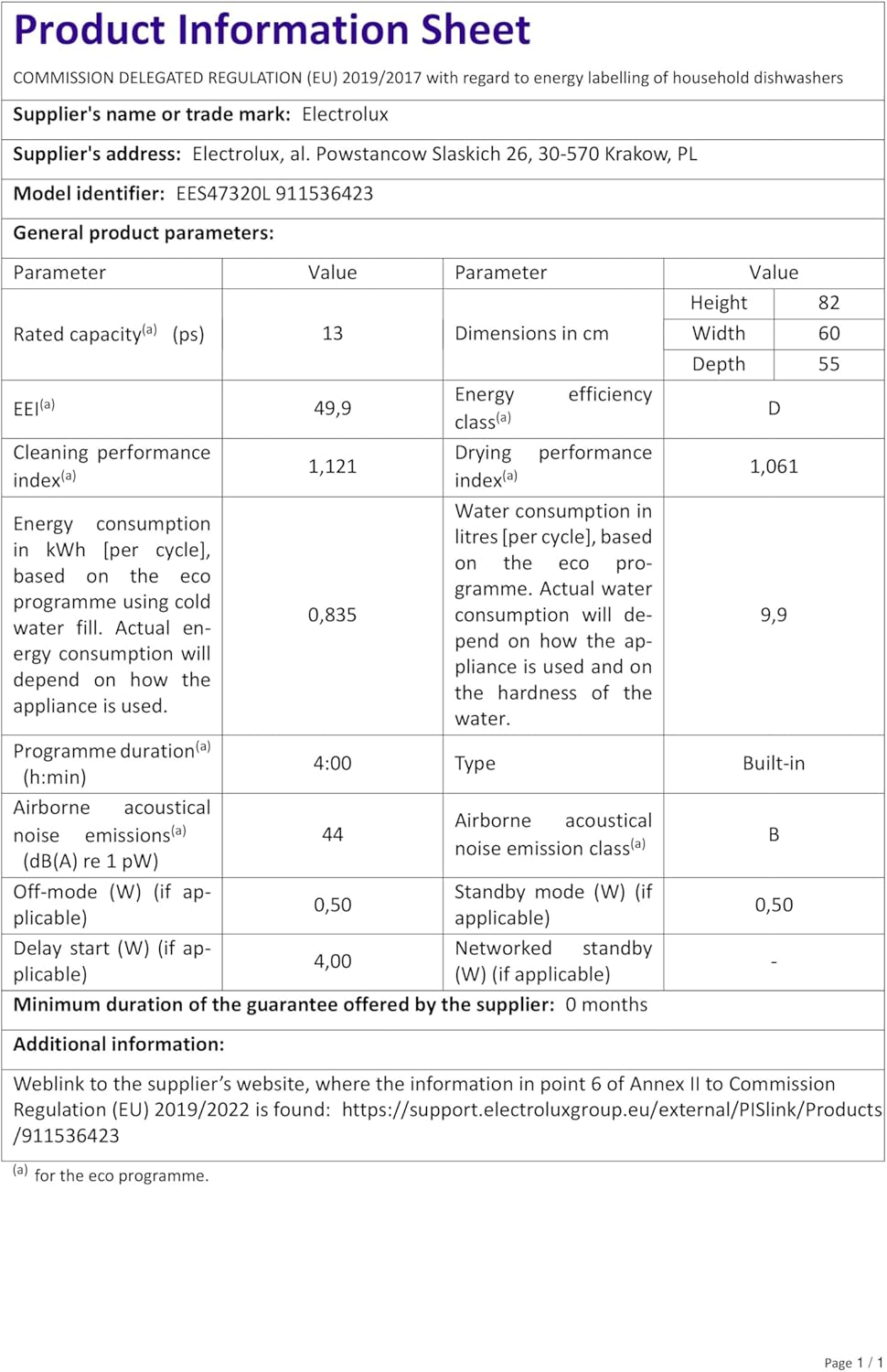 Product Information Sheet for Electrolux EES47320L Dishwasher.