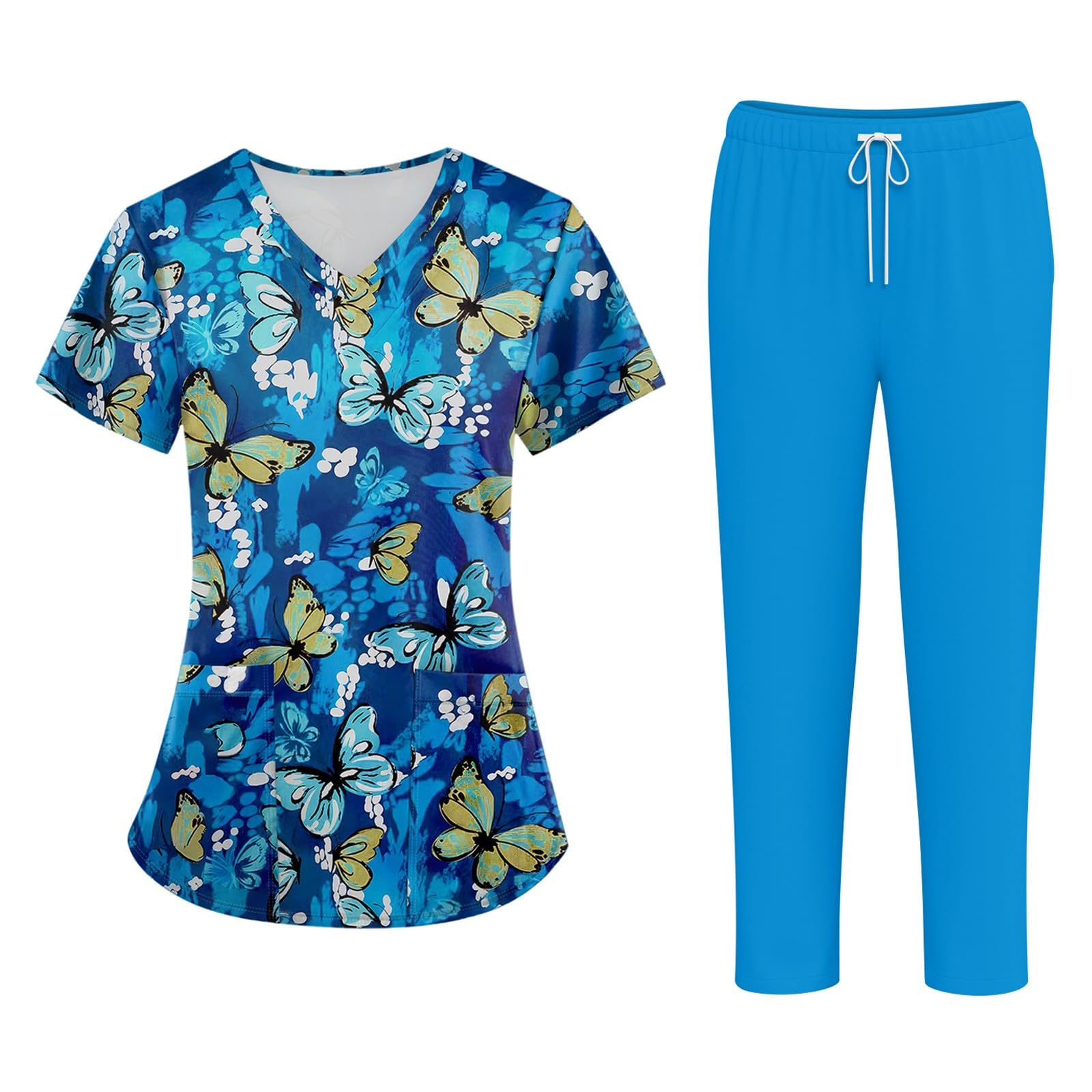 ADHOWBEW Scrubs for Women Set V Neck Top with Jogger Style Pants 2 Piece Uniforms Suit Nursing Fitted with 4 Pockets