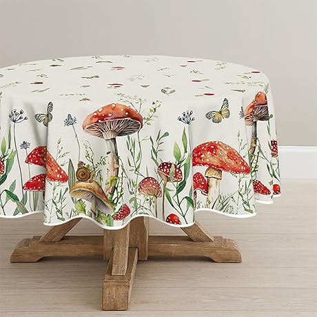 Seasonal Vintage Mushroom Tablecloth, 70" Round