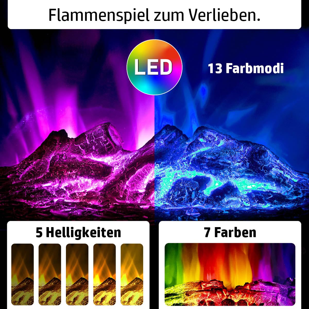 Elektrokamin | 2 Heizstufen | 900W - 2000W | viele Modelle | LED - 3D Flammeneffekt mit Farbwechsel | inkl. Fernbedienung Timer & Thermostat | Überhitzungsschutz | Flair