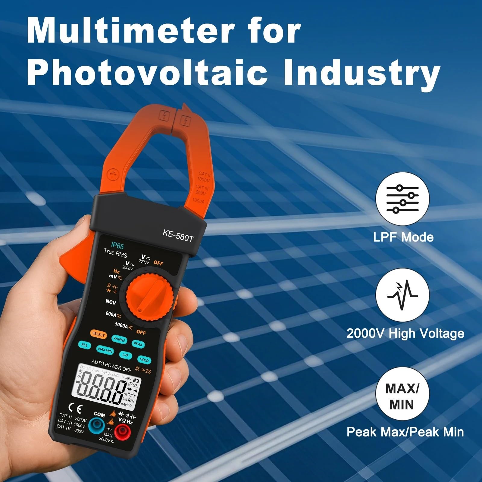 Pinza amperimétrica solar con valor eficaz verdadero de 6000 cuentas, capacitancia o NCV mandíbula LPF 2000V 1000A 45mm Borrar pantalla