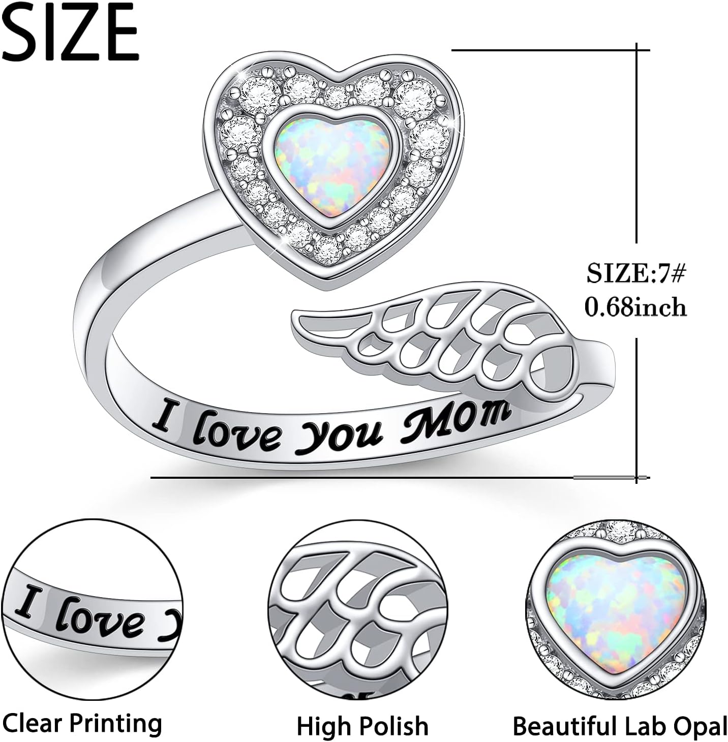 925 Sterling Silver Angel Wing Ring for Women Girls Mother Daughter Jewelry Hug Heart Ring with Message Wrap Open Ring Lap Opal Rings Adjustable Size