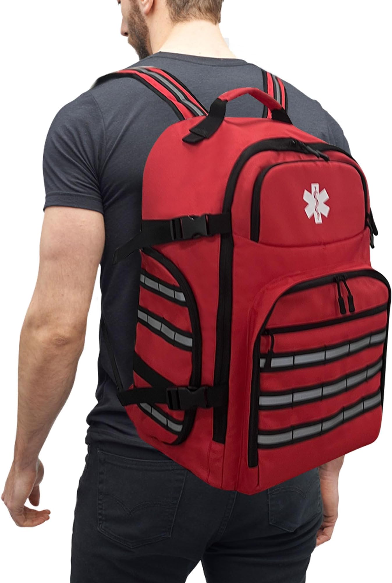 Professional Emergency Backpack, First Aid Trauma Backpack, Empty with Reflective Strips and Non-Slip Base for Camping, Hiking, Travel(Red, Large), Red/Excursion, Solid Color