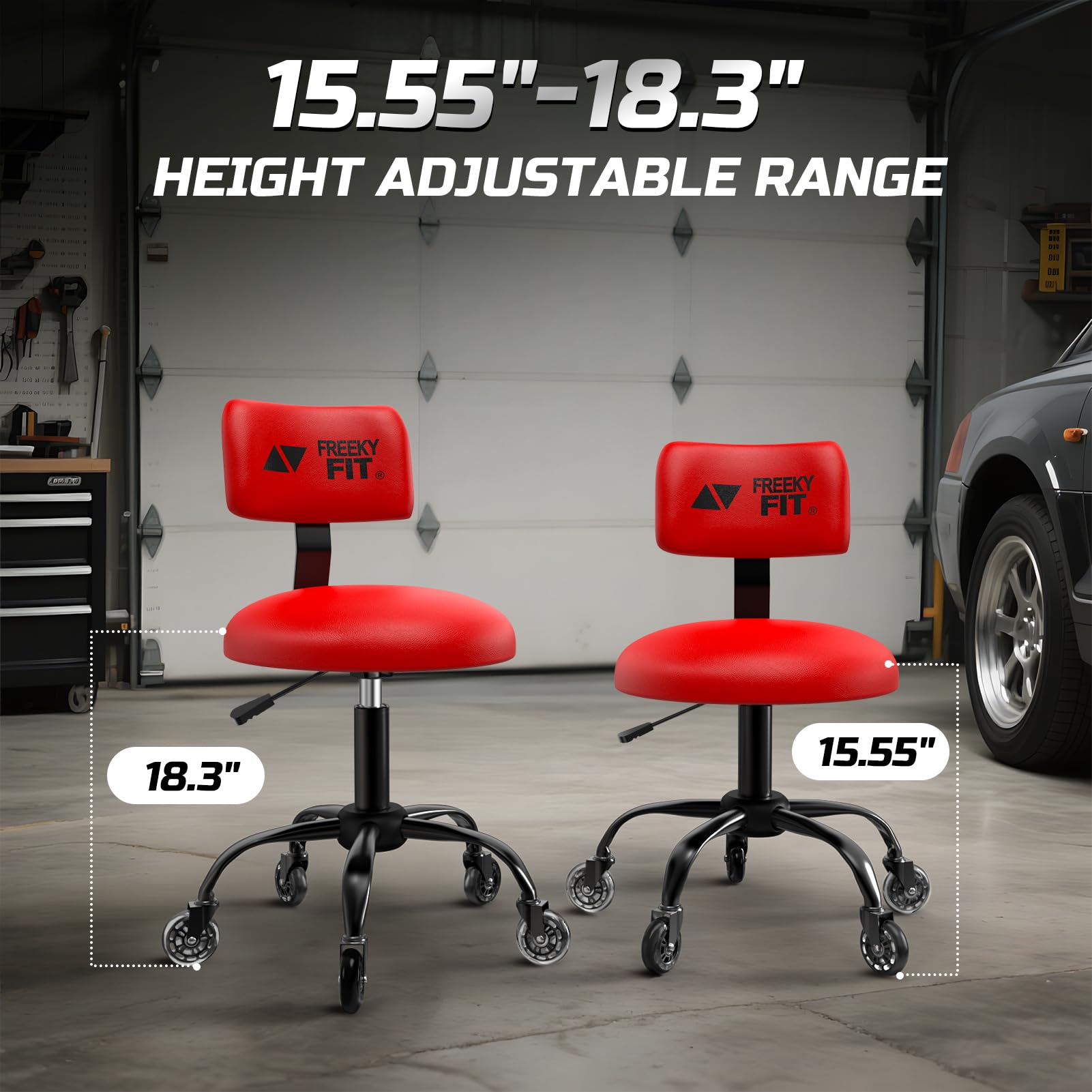 Taburete rodante con respaldo y ruedas, taburete mecánico de garaje con altura ajustable de 15.5 a 18.3 pulgadas, silla de taller resistente giratoria de 360°, asiento de trabajo de PVC, 5