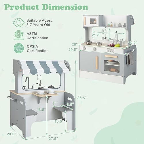 Miniatura 9 de GLACER Cocina de juego 2 en 1, juguetes de juego de simulación de doble cara, juegos de cocina y mesa auxiliar con accesorios de cocina, microondas,