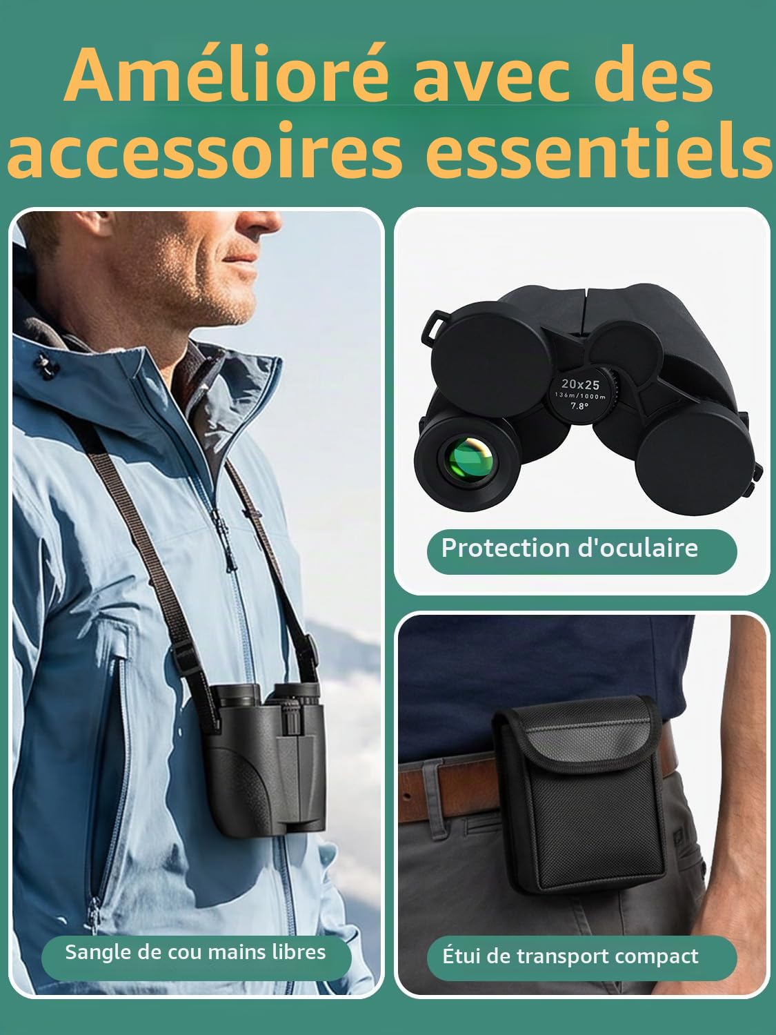 Jumelles compactes 20 x 25 pour Adultes et Enfants, Jumelles Adultes à Fort grossissement, Vision Nocturne dans des Conditions de Faible luminosité, idéales pour l'observation des Oiseaux, la Chasse