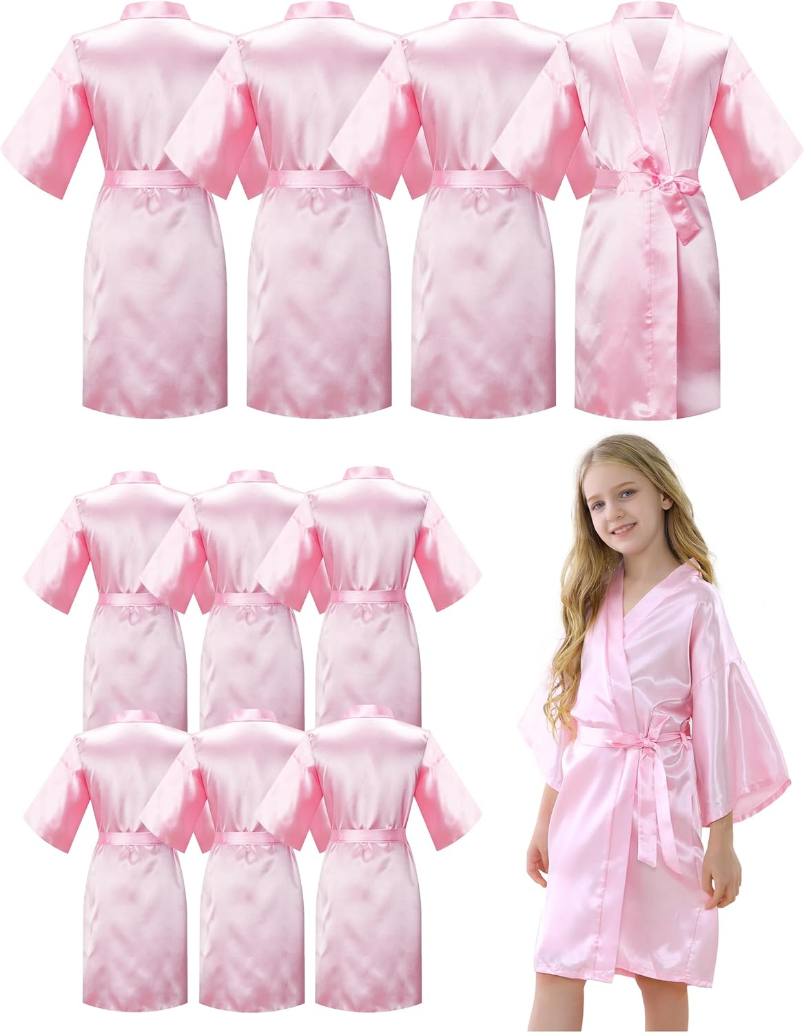 MORFORU 10pcs Girls Kids Solid Color Silky Satin Kimono Robe set for Wedding Spa Birthday Party