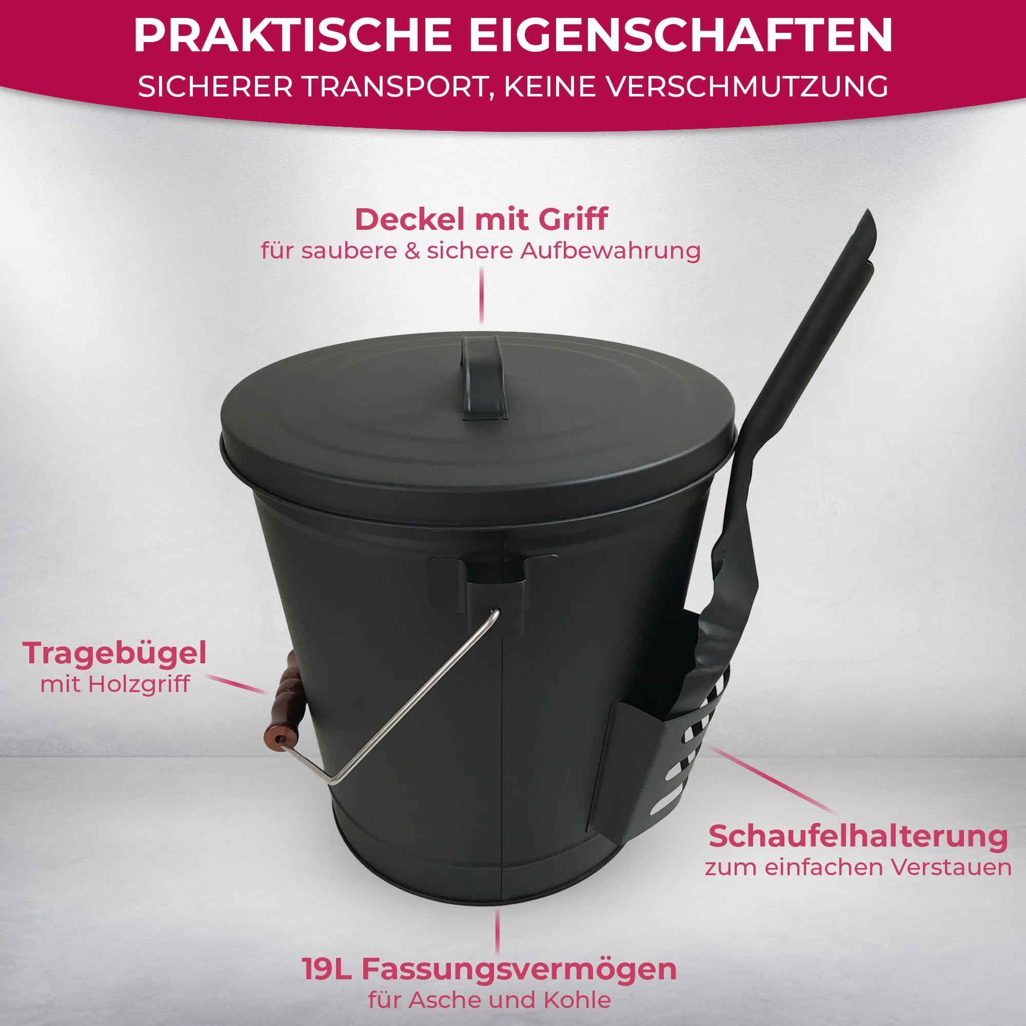 SULENO Ascheeimer Boston, 19L Kohleeimer, Inkl. Deckel, Schaufel &, Schwarz