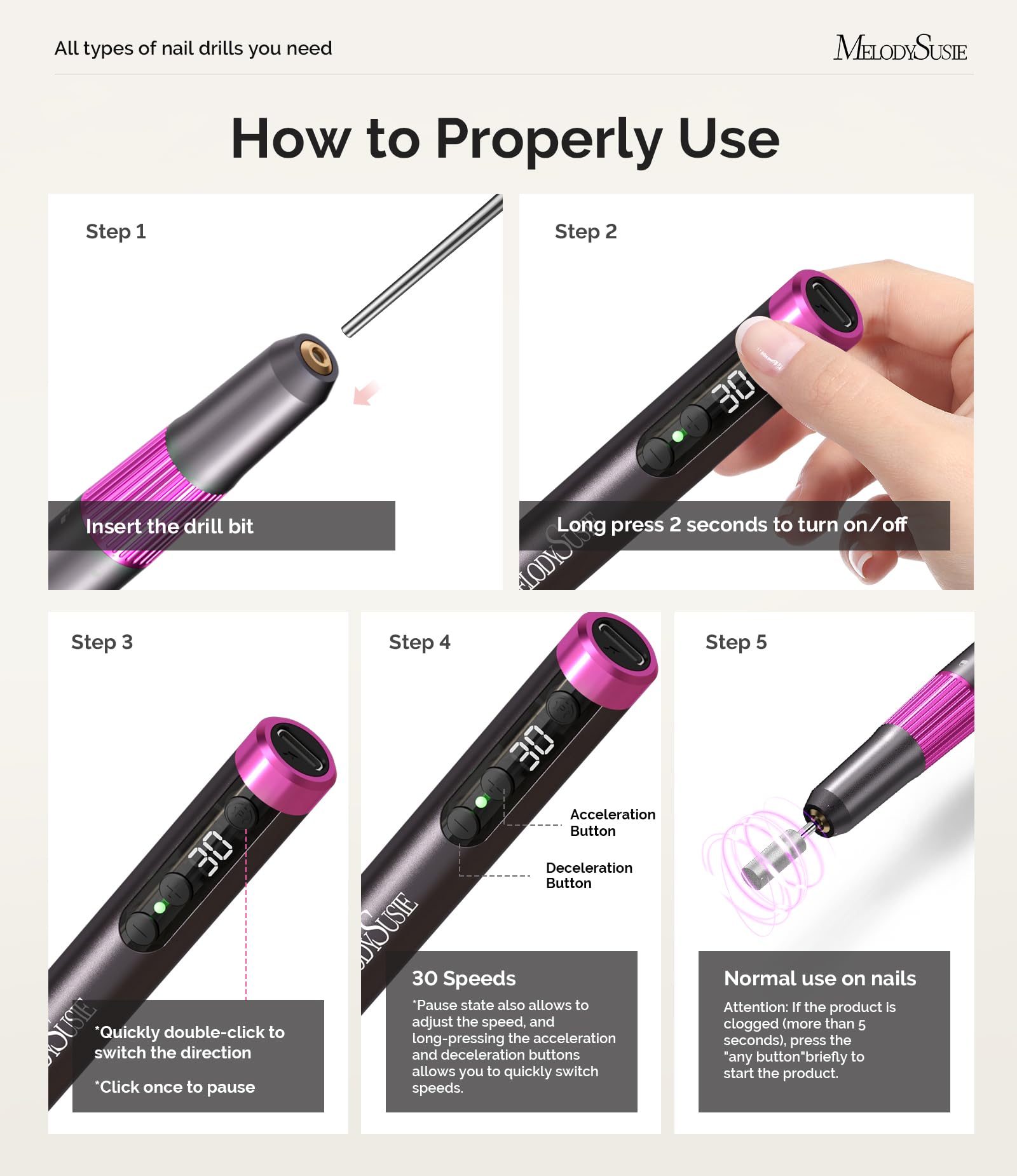 MelodySusie PM180G Cordless Nail Drill 30,000 RPM for Nail Care