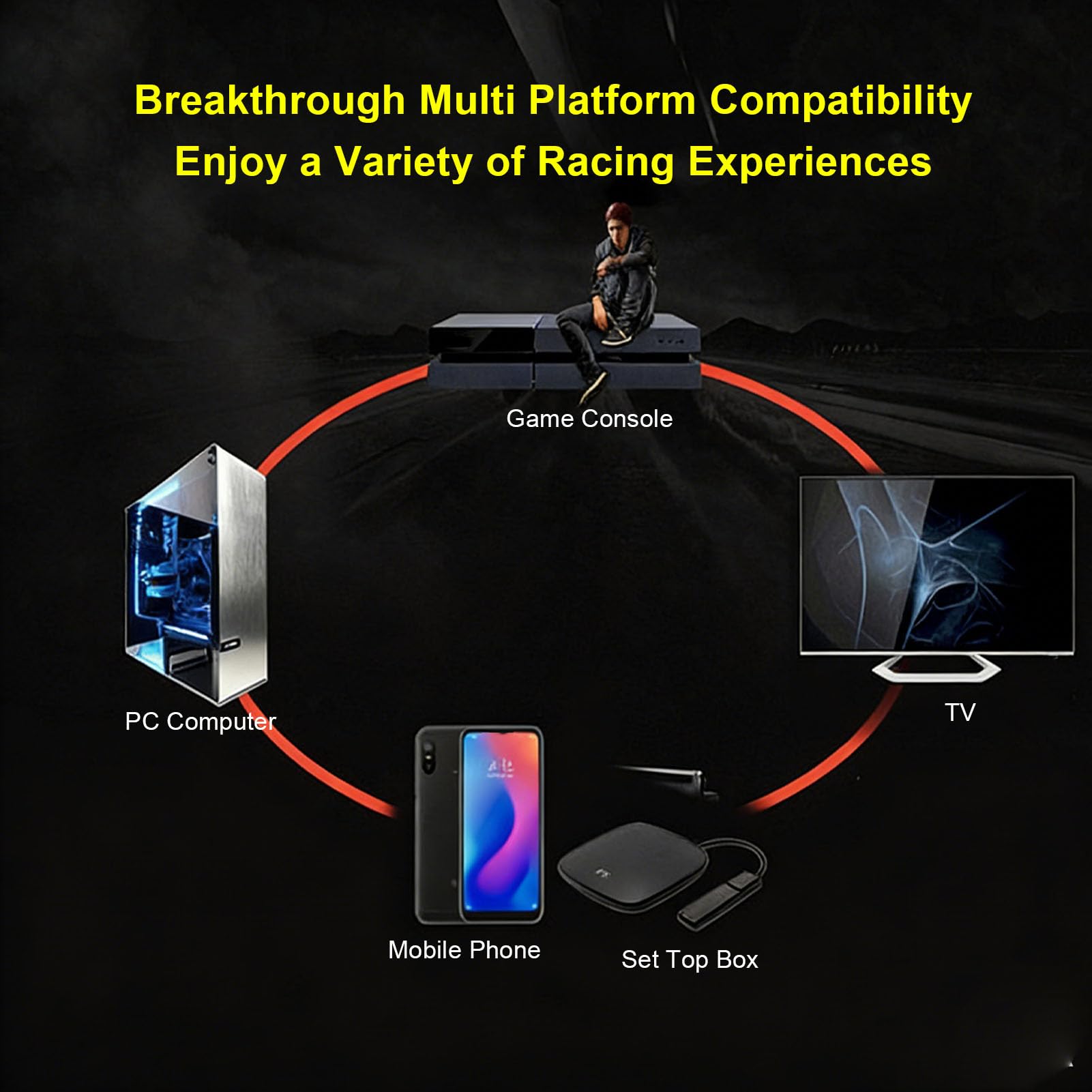PUSOKEI Volante de Carreras de 135 Grados, Volante con Retroalimentación de Fuerza de Doble Motor con Pedales y Palanca de Cambios, para PC, Consola de Juegos, Smart TV