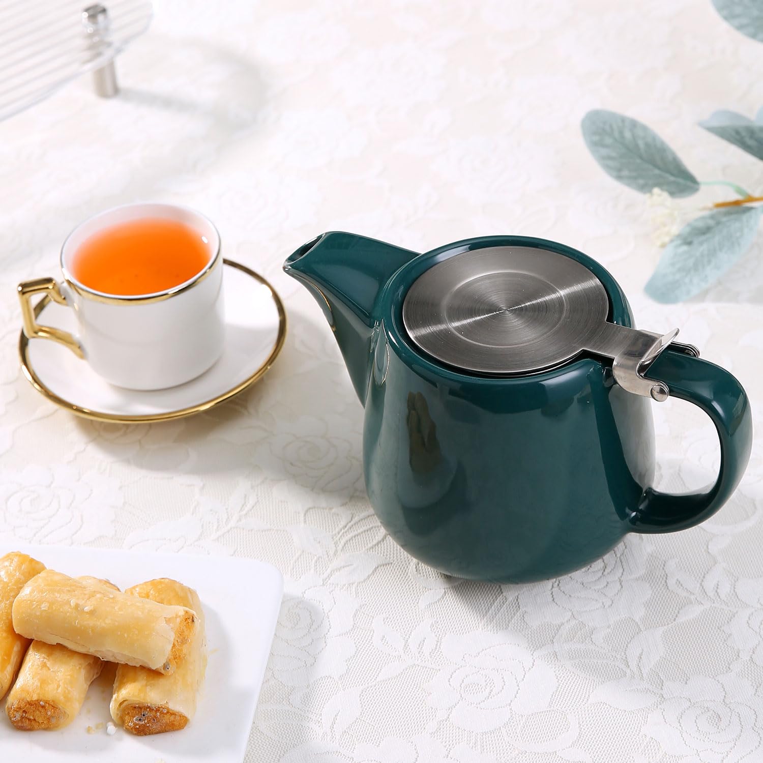 Tetera de cerámica con infusor de acero inoxidable para té suelto y té floreciente, tetera de cerámica resistente al calor y tetera de té, perfecta tetera verde, 500 ml