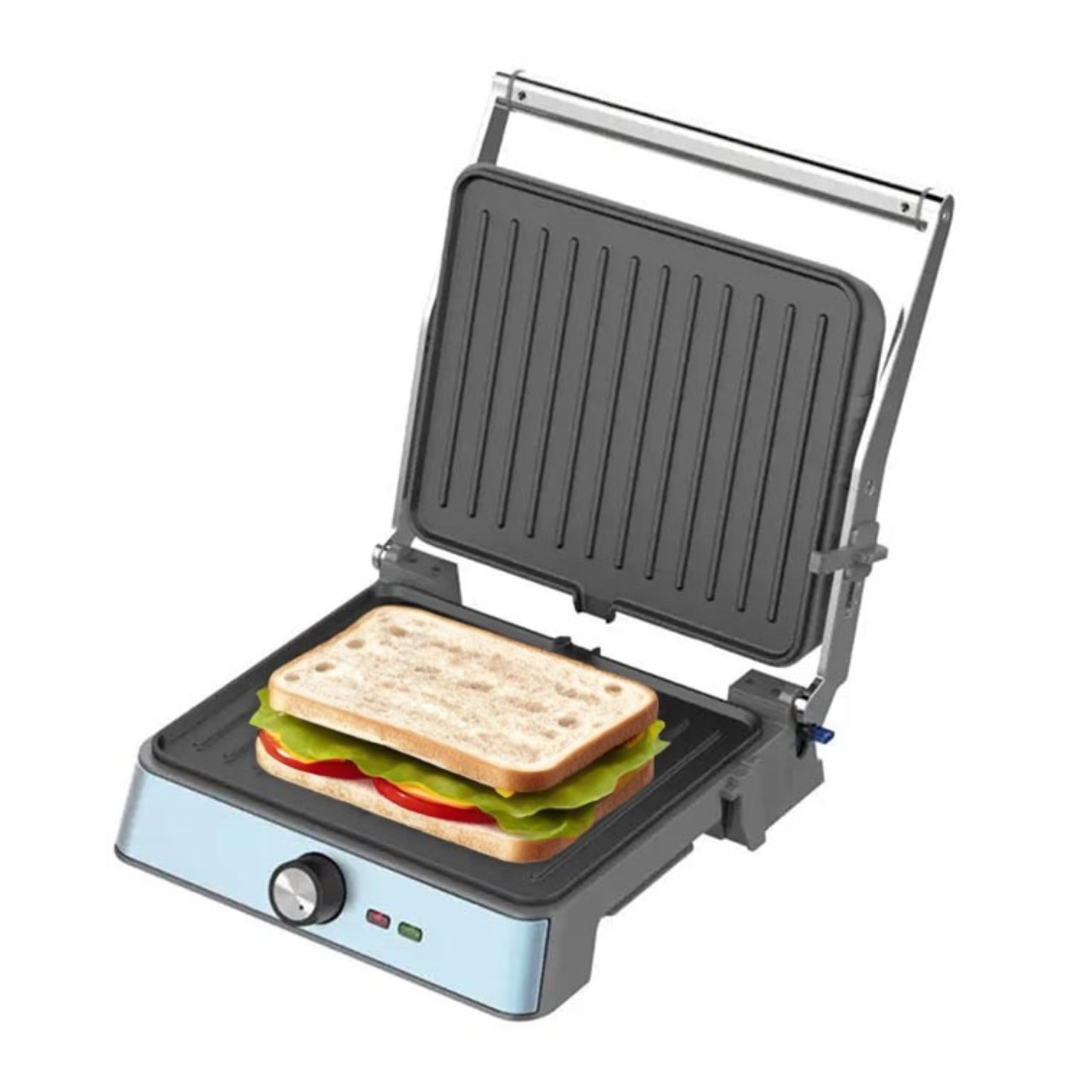 Westinghouse Grill kontaktowy w stylu retro – 29 x 24 cm – 180° do dwustronnego grillowania – 2200 W – toster – regulowana regulacja temperatury – grill panini – żelazko toster – niebieski