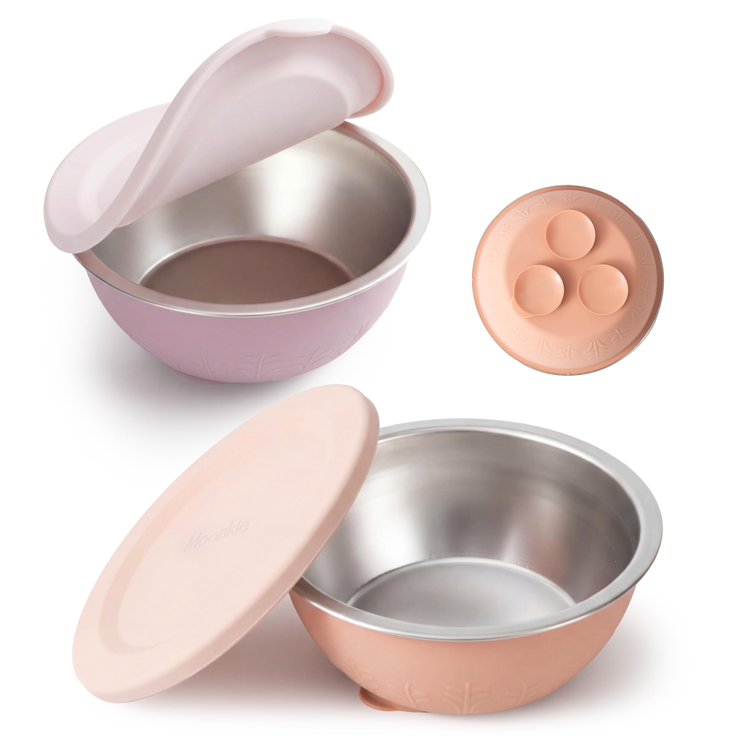 Moonkie Stainless Steel Baby Bowls with Silicone Lids & Suction Base | Seamless One-Piece Design | BPA-Free | 13oz | Dishwasher Safe | Weaning Essential for 4M+ | 2 Pack (Blush/Misty Purple)