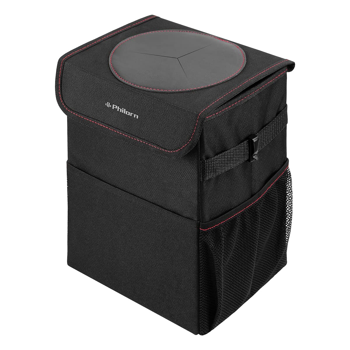 Philorn Car Trash Can with Lid, Leak-Proof Automotive Garbage Can with 3 Storage Pockets, 9L Waterproof Oxford Cloth Trash Bin for Vehicle, Foldable Hanging Car Trash Bag (Black & Red)