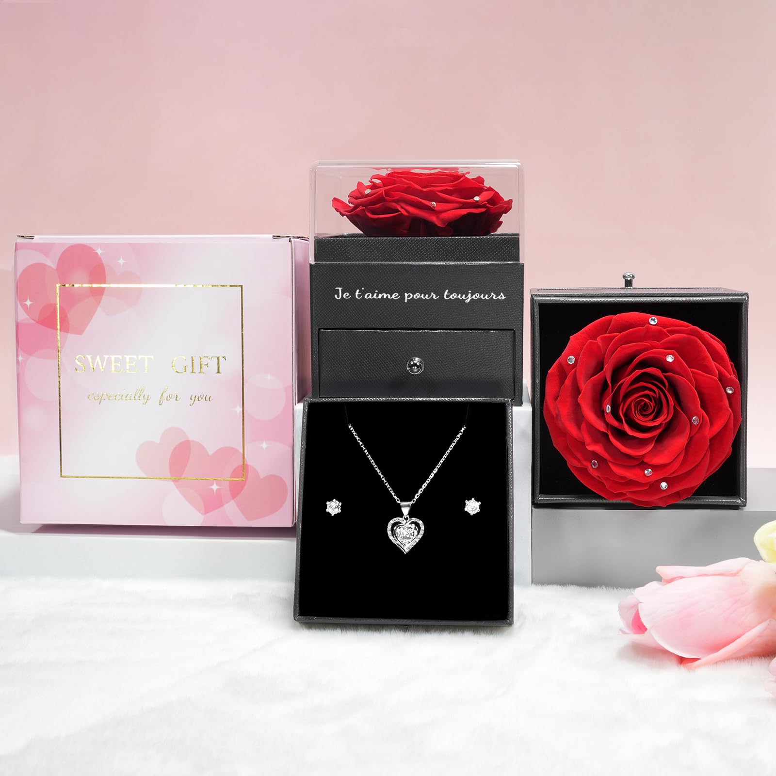 Sunia Rose Eternelle avec Bijoux Argent 925,Collier Coeur Boucles d'oreilles,Coffret Cadeau Femme,Rose Préservée avec Collier,Cadeau Anniversaire Femme,Amour Cadeau,Fete des Meres,Noël,Saint-Valentin