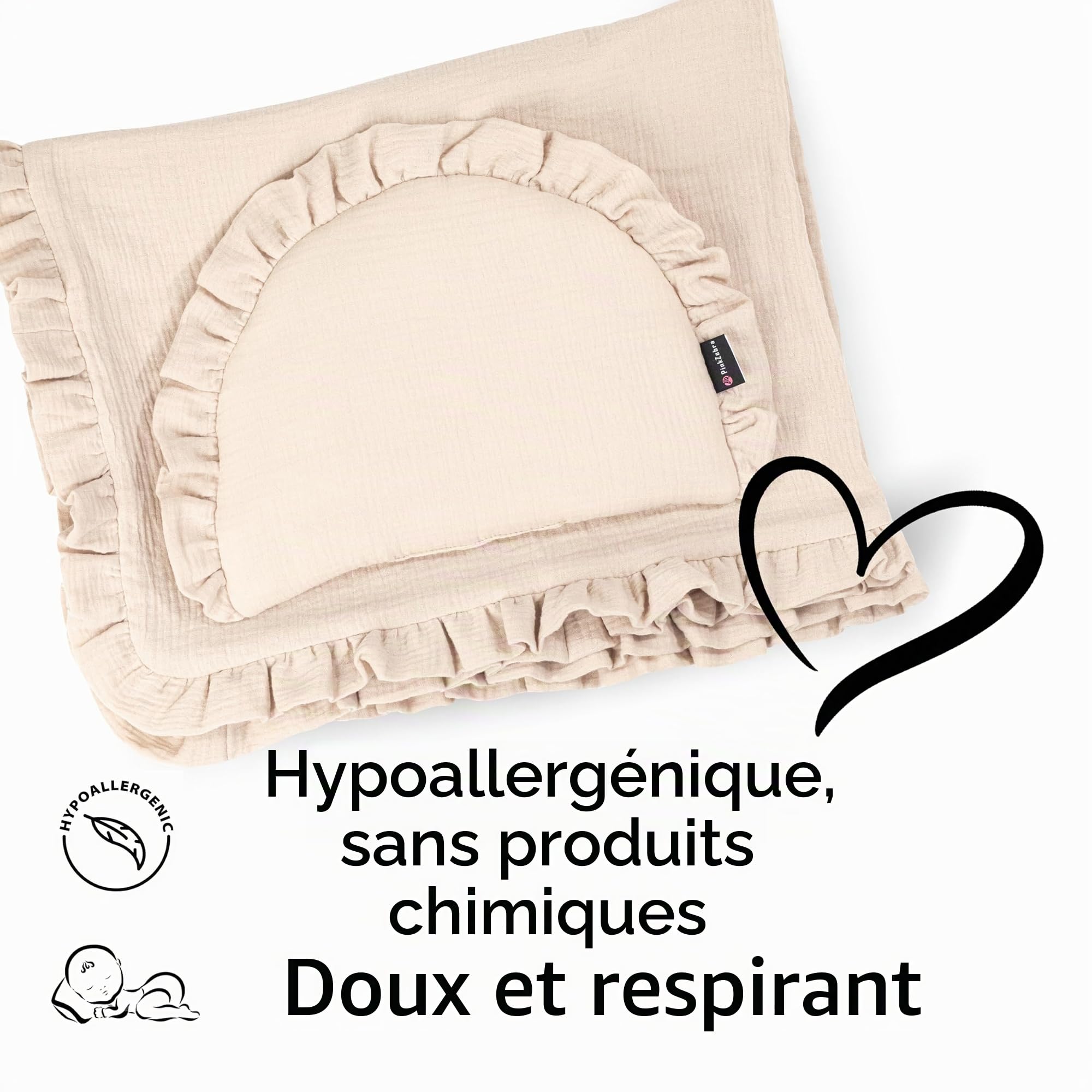 PinkZebra Parure de lit en mousseline avec volants pour bébés nouveau-nés, douce taie d'oreiller plate + couverture 4 épaisseurs en 100% coton bio, Beige