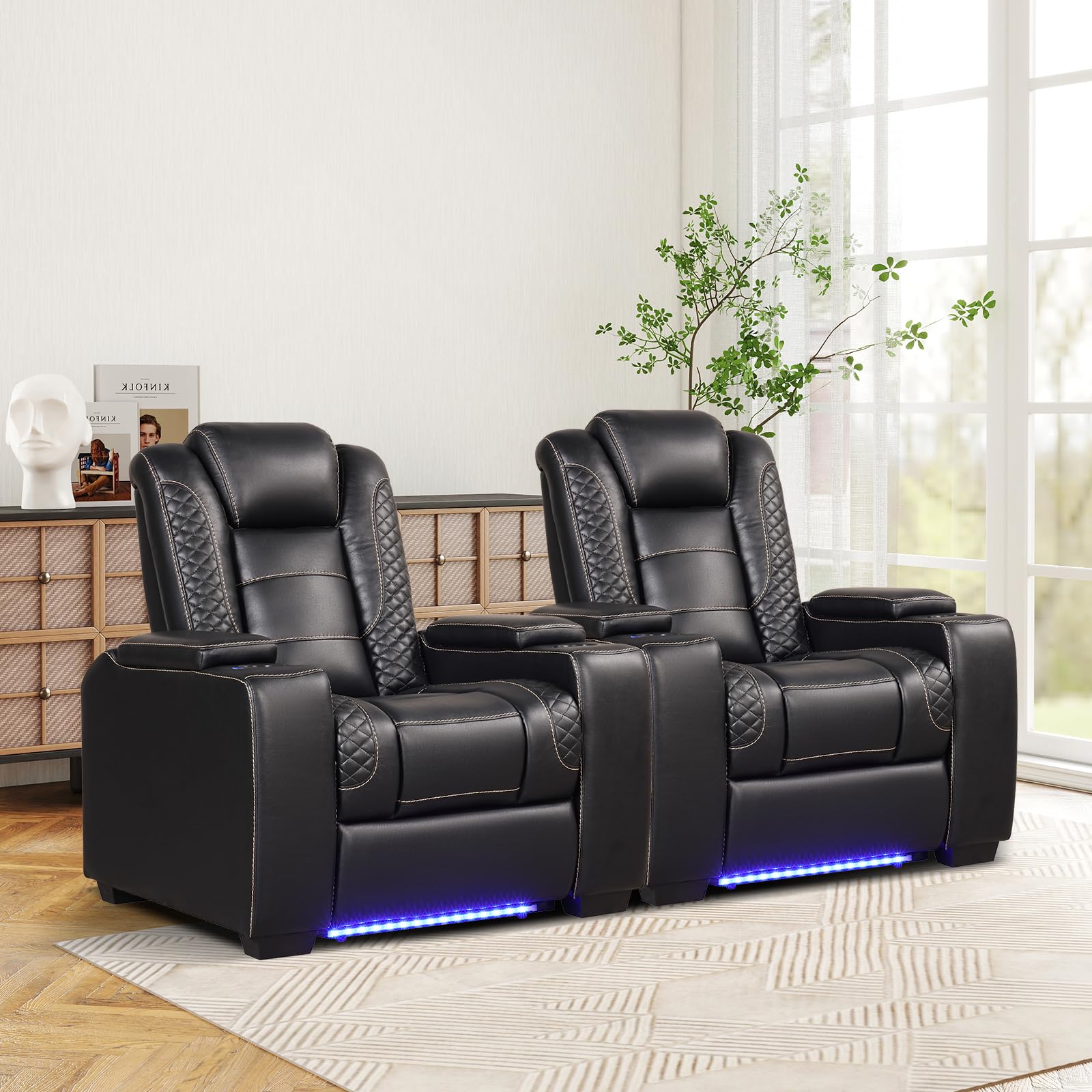 SET OF TWO ANJ Black Vegan Leather Diamond Tufted Power Home Theater Recliner with LED Light Base, Liftable Arm Storage, Full Body Recline, USB Port, & Cup Holders. 33"D x 35"W x 41"H Each.