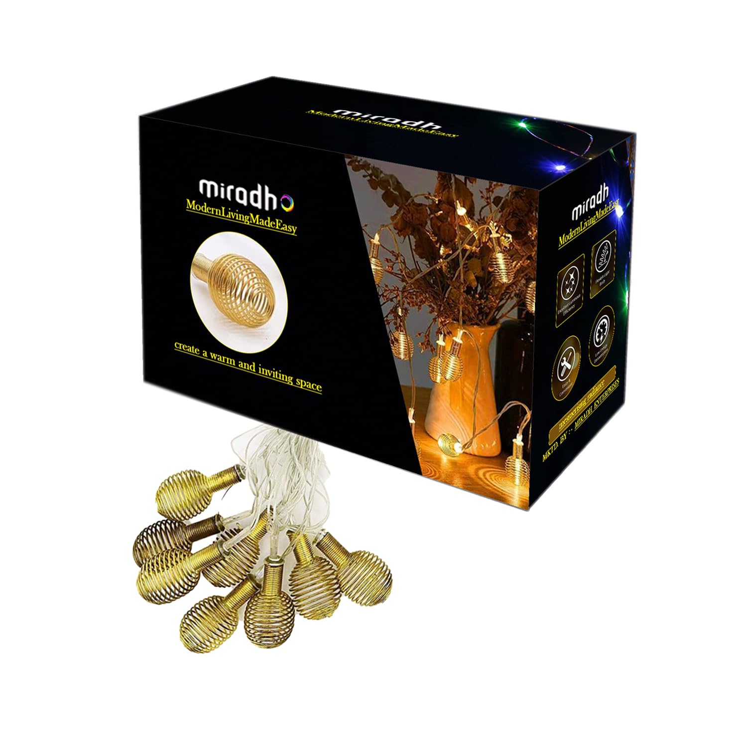 MIRADH String Lights Moroccan Ball Multicolor 11Ft 14Led Spiral Spring Fairy Light Orb Lantern Christmas Lighting Diwali,Outdoor Garden,Xmas Tree,Party (Golden Spiral),3.2 Metre)