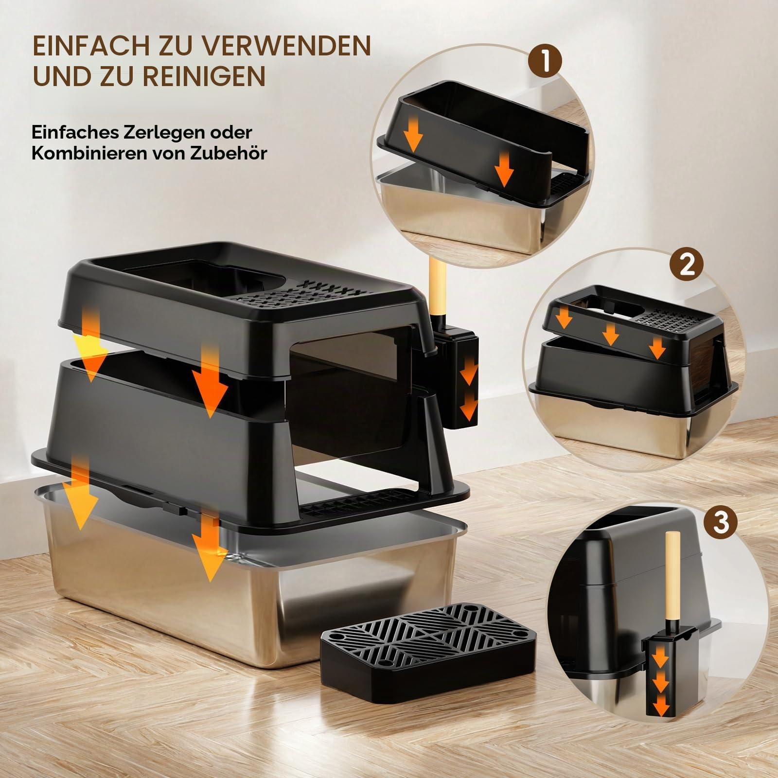 FRETONBA Katzenklo Edelstahl XXL, Katzentoilette 26L Groß Kapazität, Katzentoiletten Hochwandig, Auslaufsicher und Leicht zu Reinigen, Cat Litter Box mit Deckel, Pedal, Schaufel, Schwarz