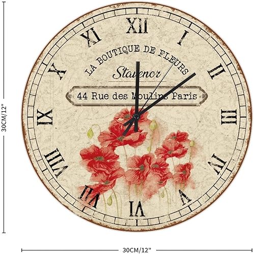 Miniatura 2 de Reloj de pared con flores vintage francesas de 12 pulgadas, ramo único, reloj de madera, analógico, silencioso, estilo campestre, regalo de