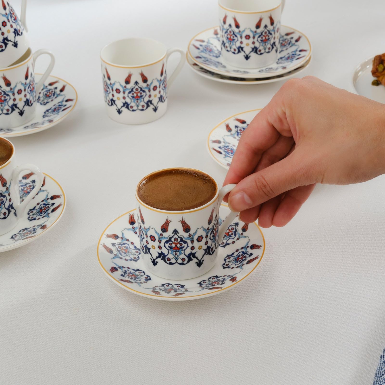 KARACA Haliç Mug Set for 6 People, 80 ml, Blue Figure - White, 12 Piece Set - Image 4
