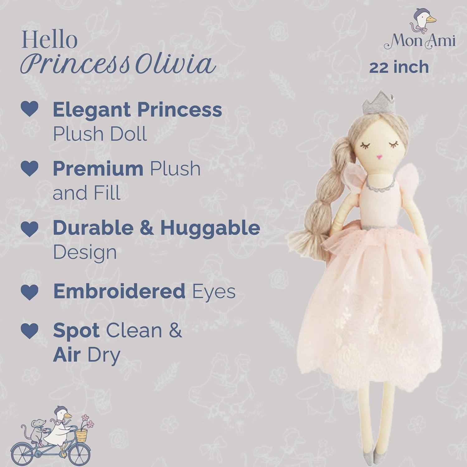 MON AMI Olivia The Princess 22-Inch Plush Doll for Girls | Soft Elegant Princess Stuffed Toy | Royal Playtime Companion | Charming Nursery & Bedroom Décor | Plush Gift for All Ages
