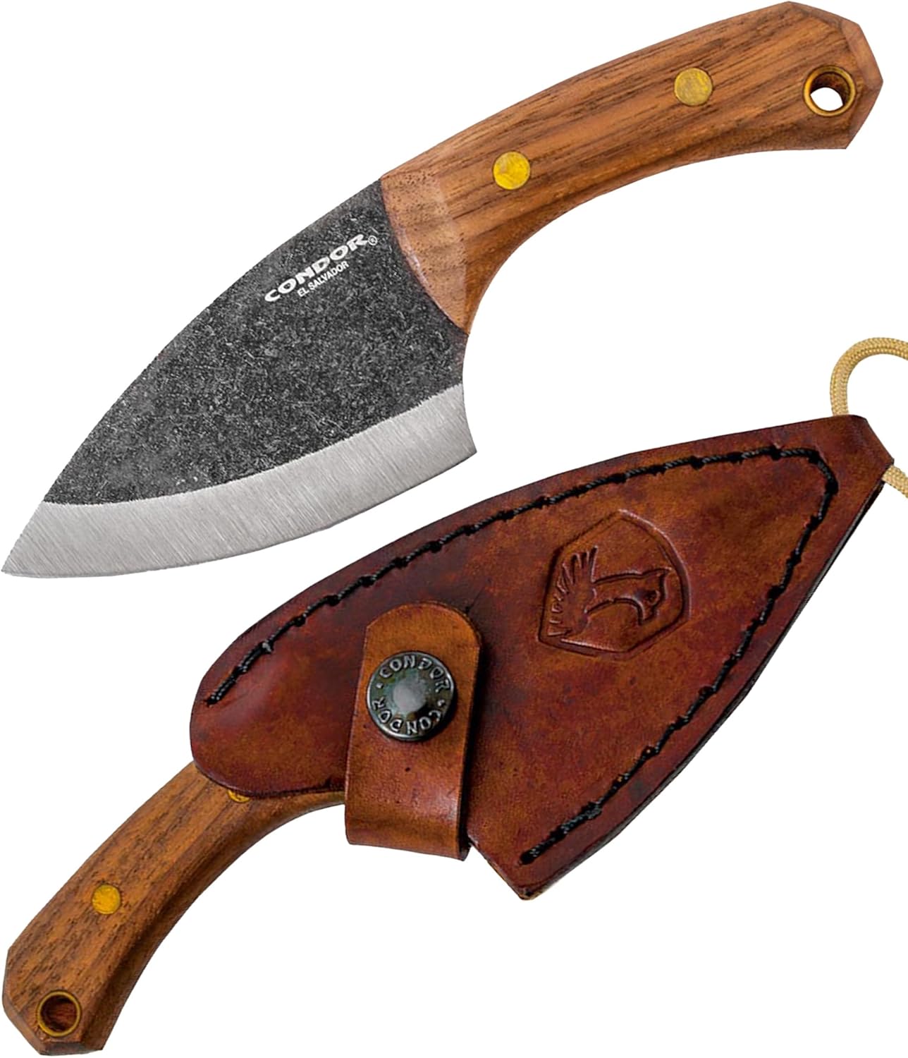 Condor Tool & Knife Pangui Fixed Blade Neck Knife - 1095 High Carbon Steel - Walnut Handle - Hand Crafted Welted Leather Sheath - 3.3 in Blade - 5.3oz (3mm Thick)
