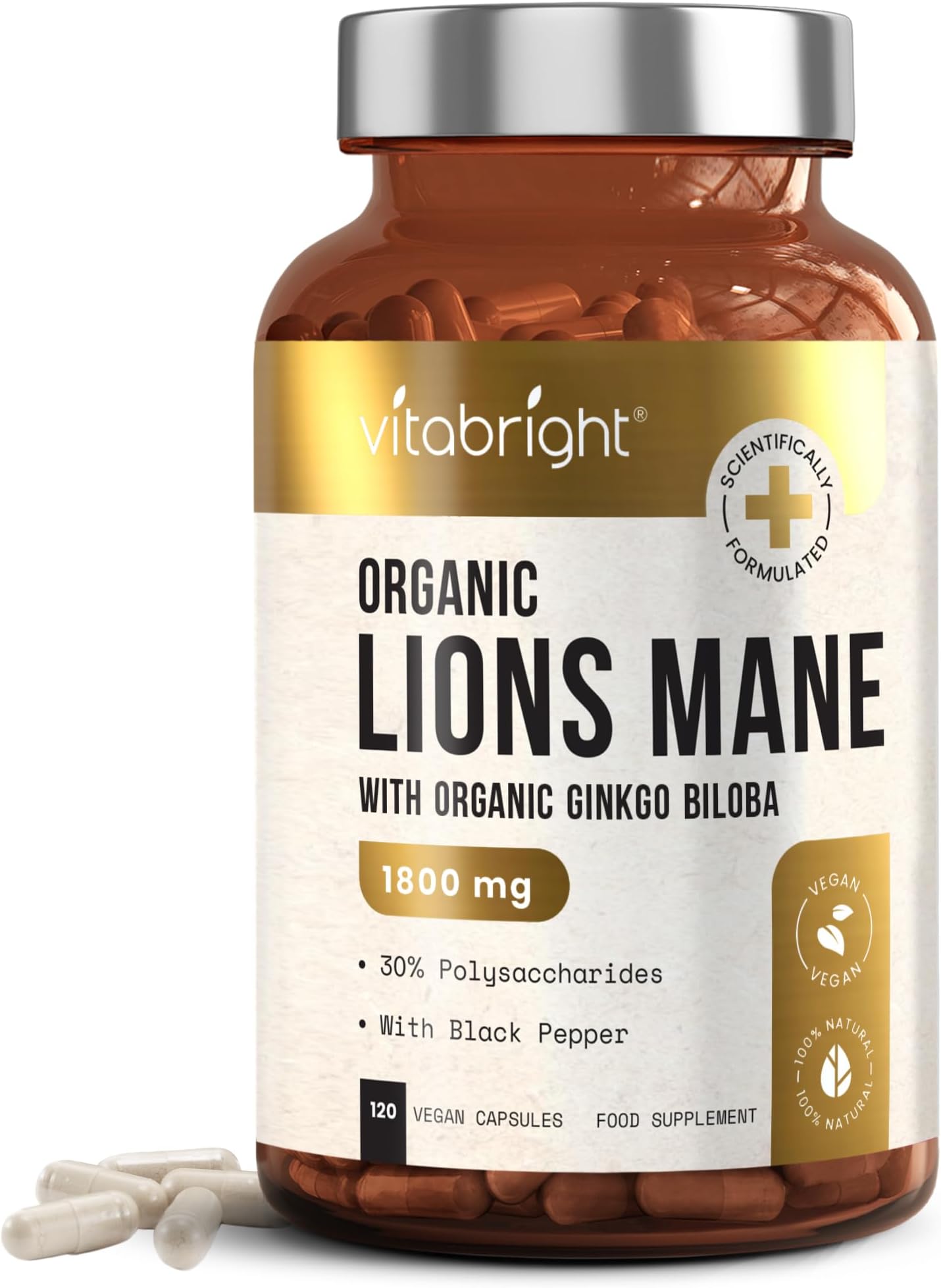 Organic Lions Mane Mushroom Complex - 12:1 Extract Ratio Equivalent to 1800mg - 120 Capsules (4 Month Supply) - with Ginkgo Biloba and Black Pepper - Memory, Brain Health - Made in UK