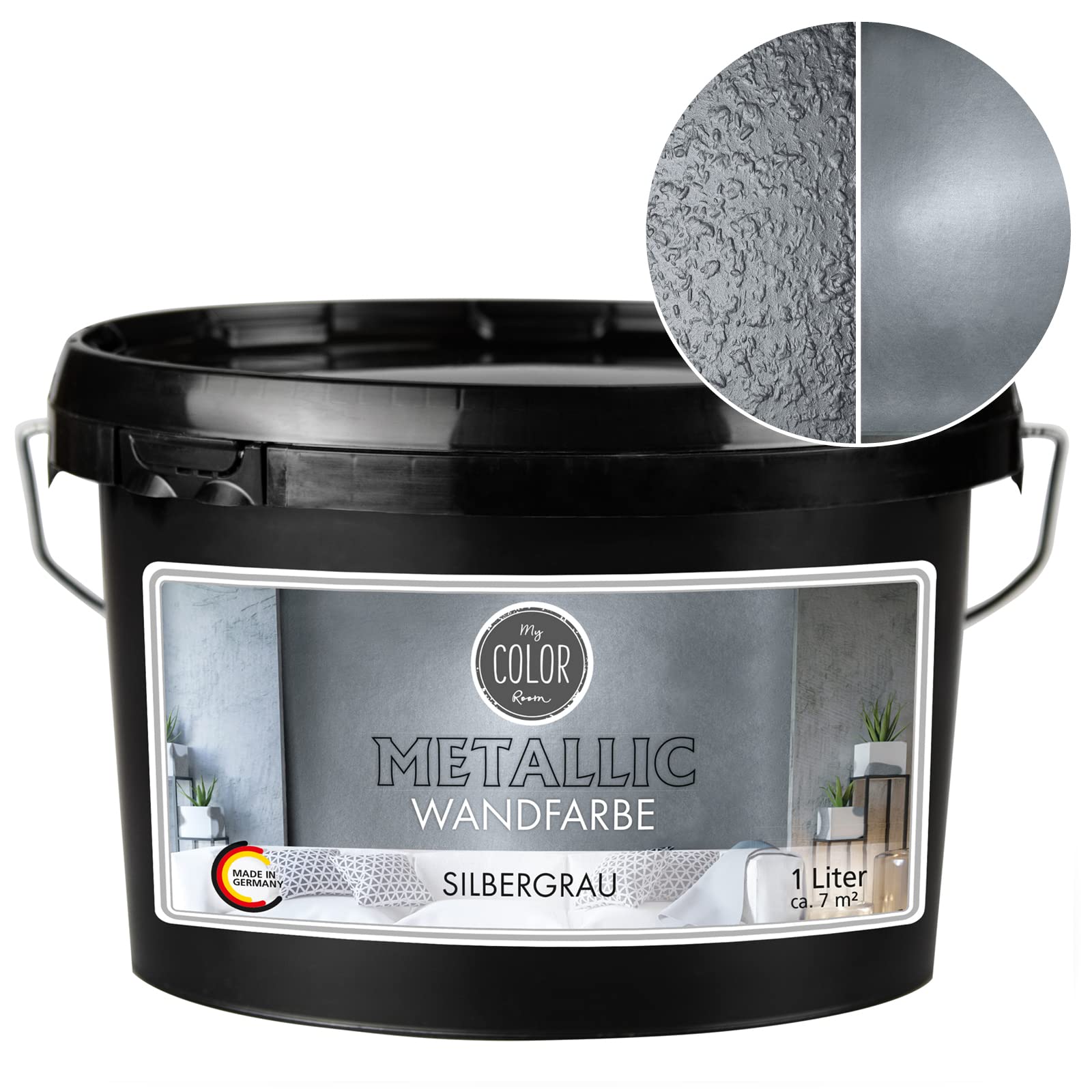 Peinture murale métallisée (gris argenté – 1000 ml) – Peinture créative pour décoration murale avec aspect métallisé pour l'intérieur – Peinture décorative fabriquée en Allemagne
