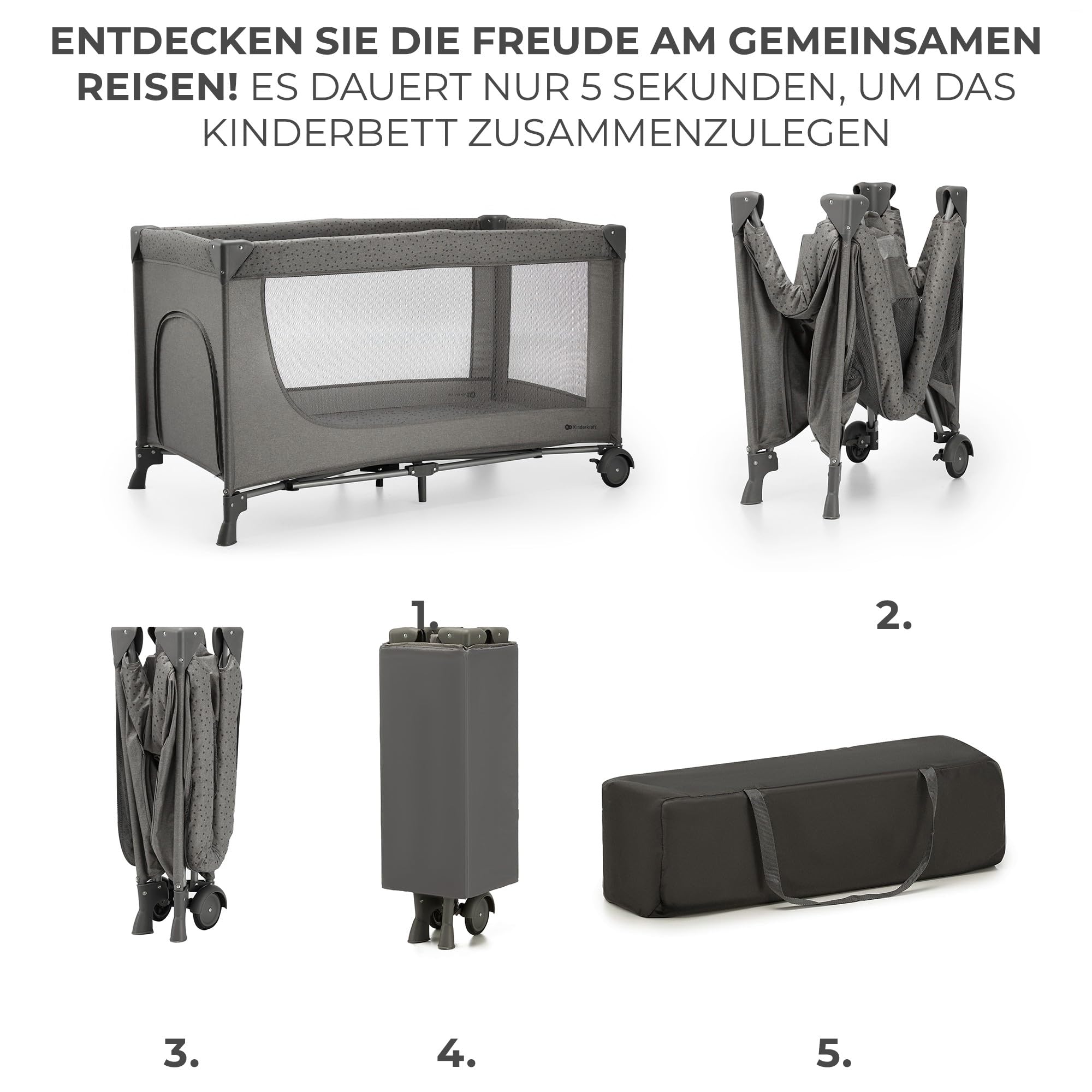 Kinderkraft Joy 2 Kinderbett, 2 in 1 Kinderreisebett, Babybetten, Kinderbett, Reisebett, Modernes Design, Kleine Abmessungen nach Zusammenklappe, Räder, Dunkelgrau