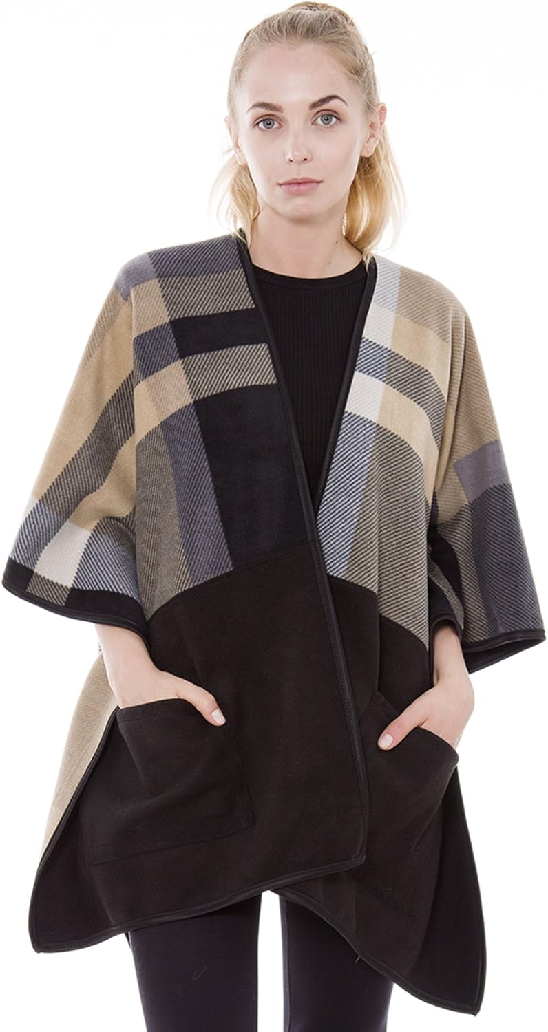 BYOS Women’s Winter Stylish Oversized Solid Plaid Fleece Poncho Blanket Wrap Cape