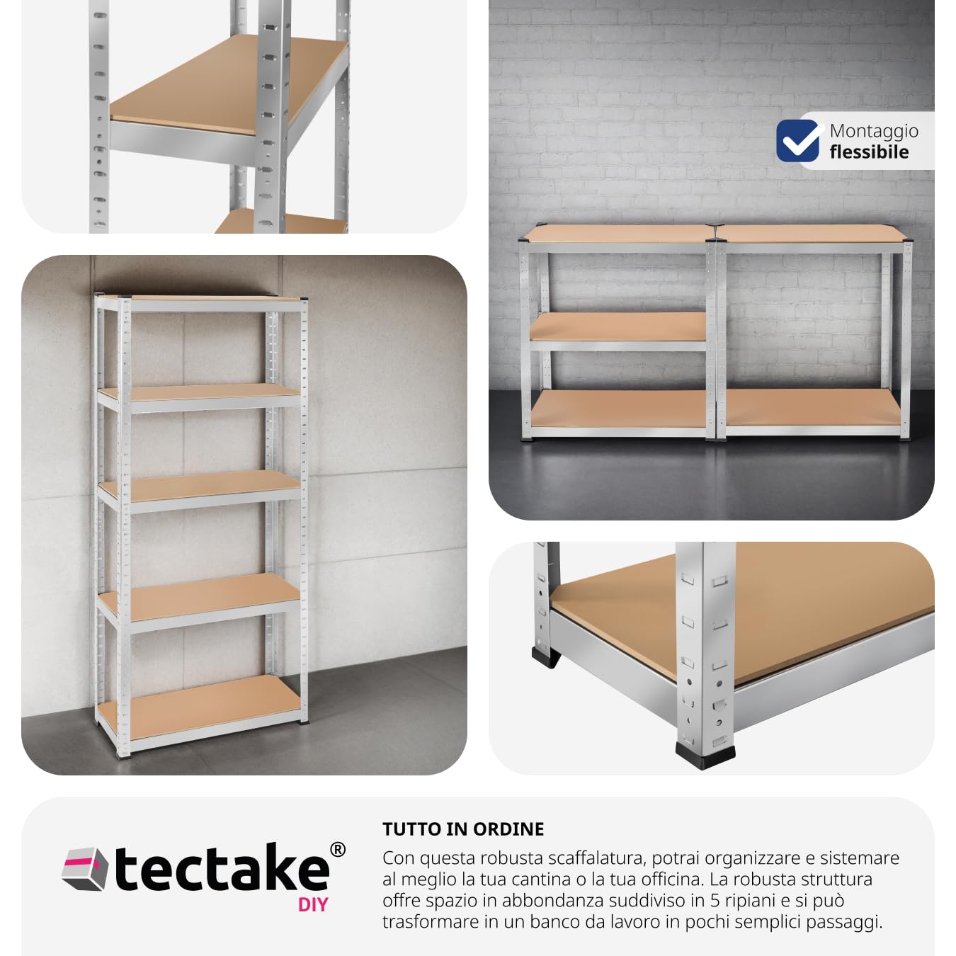 tectake® Scaffalatura Metallo Garage, Scaffale Attrezzi da Lavoro, Scaffalatura Libreria in Lamiera d'Acciaio, Scaffali Modulabili, 70 kg di Carico per Piano - Capacità Portante 350 kg