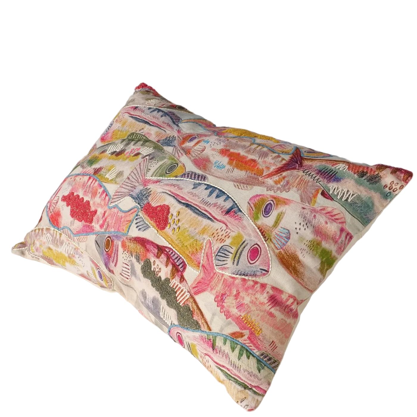 MF Marina Fino Dekokissen mit Fischmotiv, Rechteckig, Baumwolle Handgewebt, Blau Pink Cremeweiß, 60x40 cm, Abnehmbarer Bezug mit Reißverschluss Fischschwarm Fische