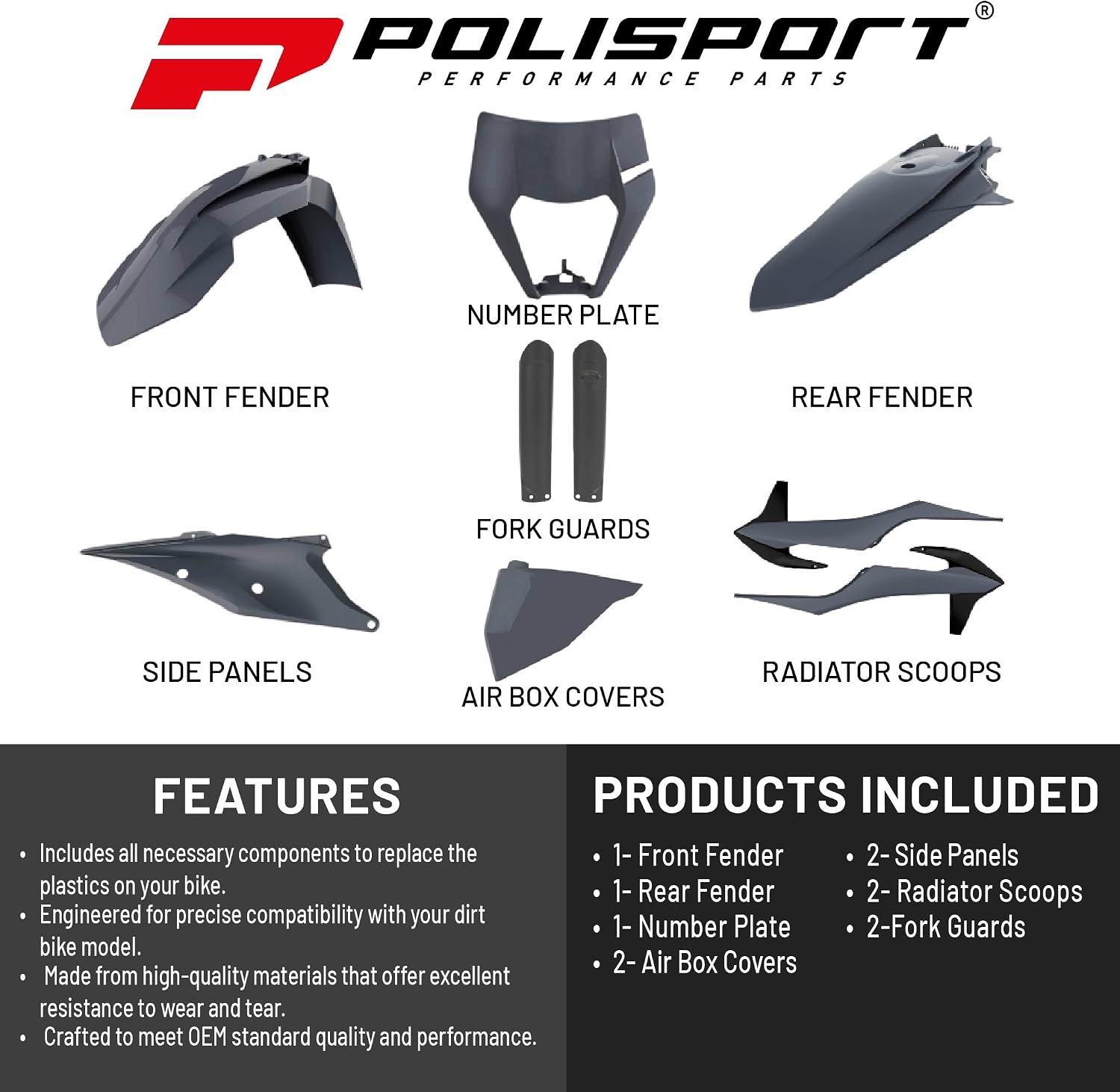 Polisport Motocross (MX) Replica Plastic Kit for KTM EXC/EXC-F/XC-W/XCF-W (2020-2023) Dirt Bike – OEM Quality, Durable, Flexible & Perfect Fit – Nardo Gray