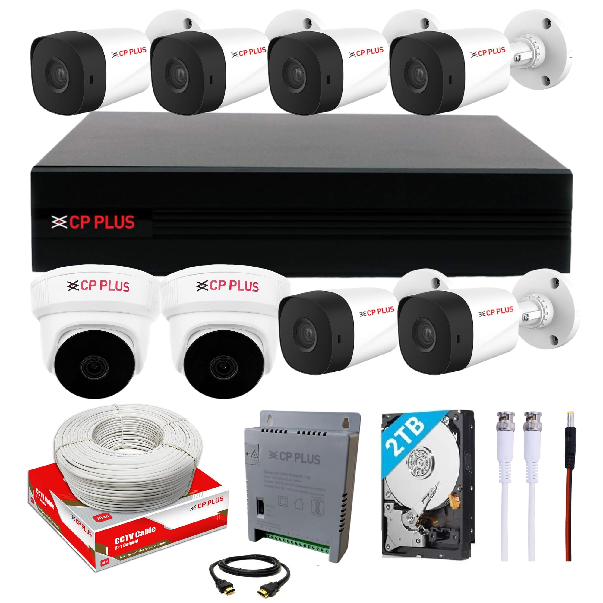 CP PLUS Full HD 8 Channel DVR with 2.4 MP 6 Outdoor and 2 Indoor Cameras [Built-in Audio MIC + Motion Detection] + 2 TB HDD + 8 Ch SMPS + CCTV Cable, HDMI+BNC/DC Set, White