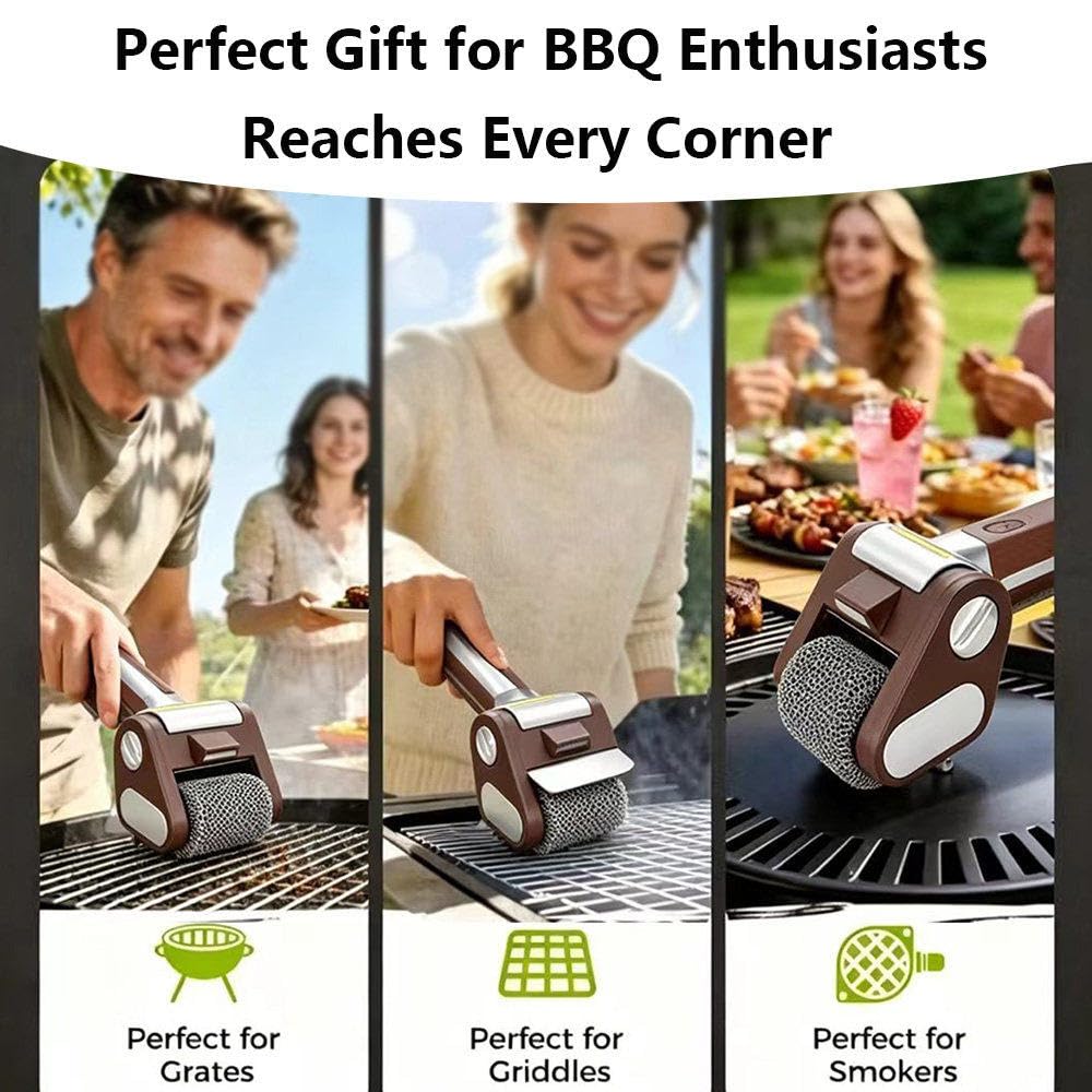 Spazzola Elettrica Senza Fili per Griglie, Pulitore Ricaricabile per Barbecue con Rullo Rimovibile in Acciaio Inox E Luce LED, 350 RPM, Adatta per Griglie da Interno Ed Esterno Brown
