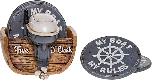 Pine Ridge Juego de 5 posavasos para bebidas  Diseño de motor fuera de borda My Boat My Rules, Five O'clock  Posavasos de café con soporte y