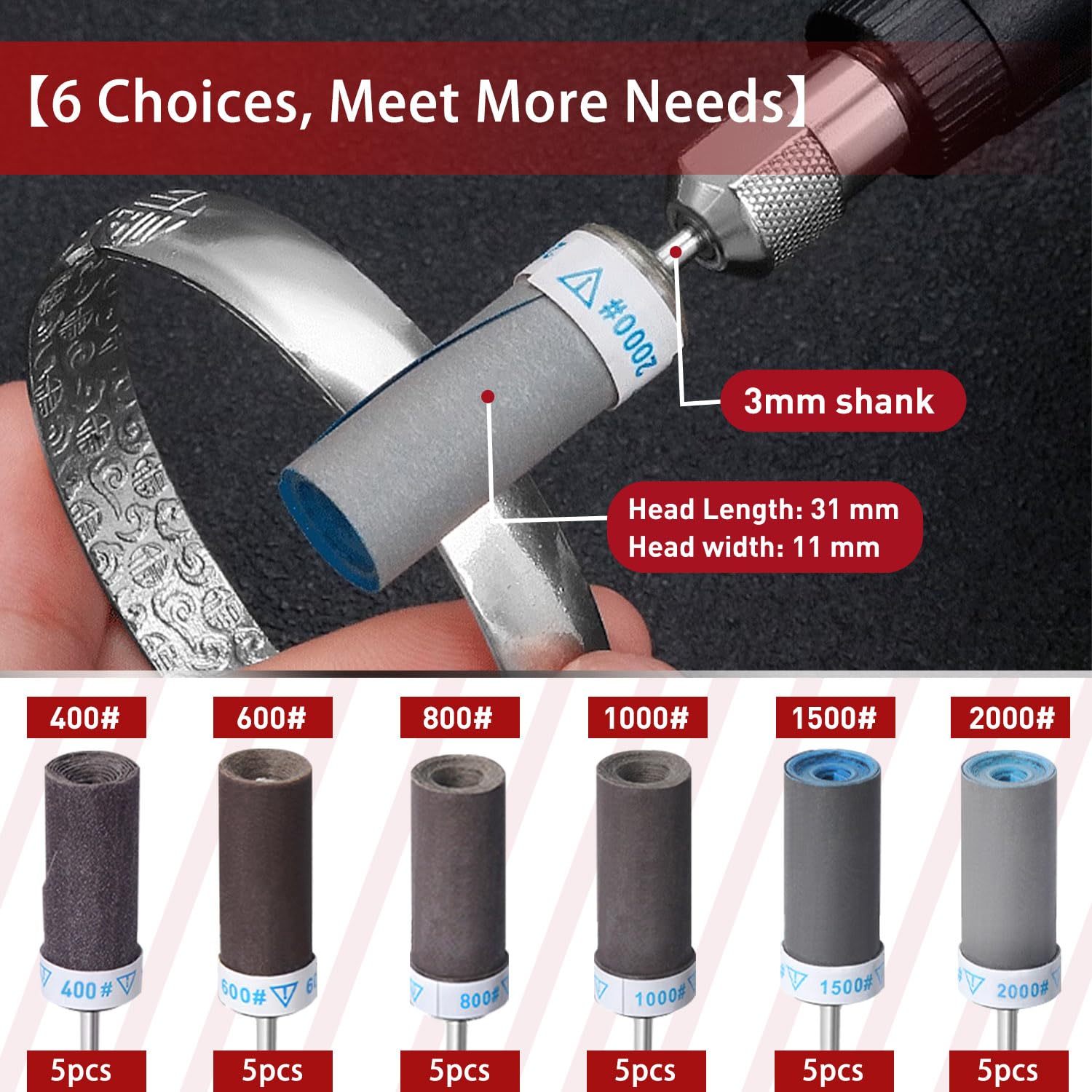 30 Stück Schleifhülsen Satz für Dremel Rotationswerkzeug mit 3mm Schaft 400/600/800/1000/1500/2000 Korn Schleifaufsätze, Schleifwalzen für Schleifen & Rosten Metallkante-Abreiben Stein Holz Schleifen