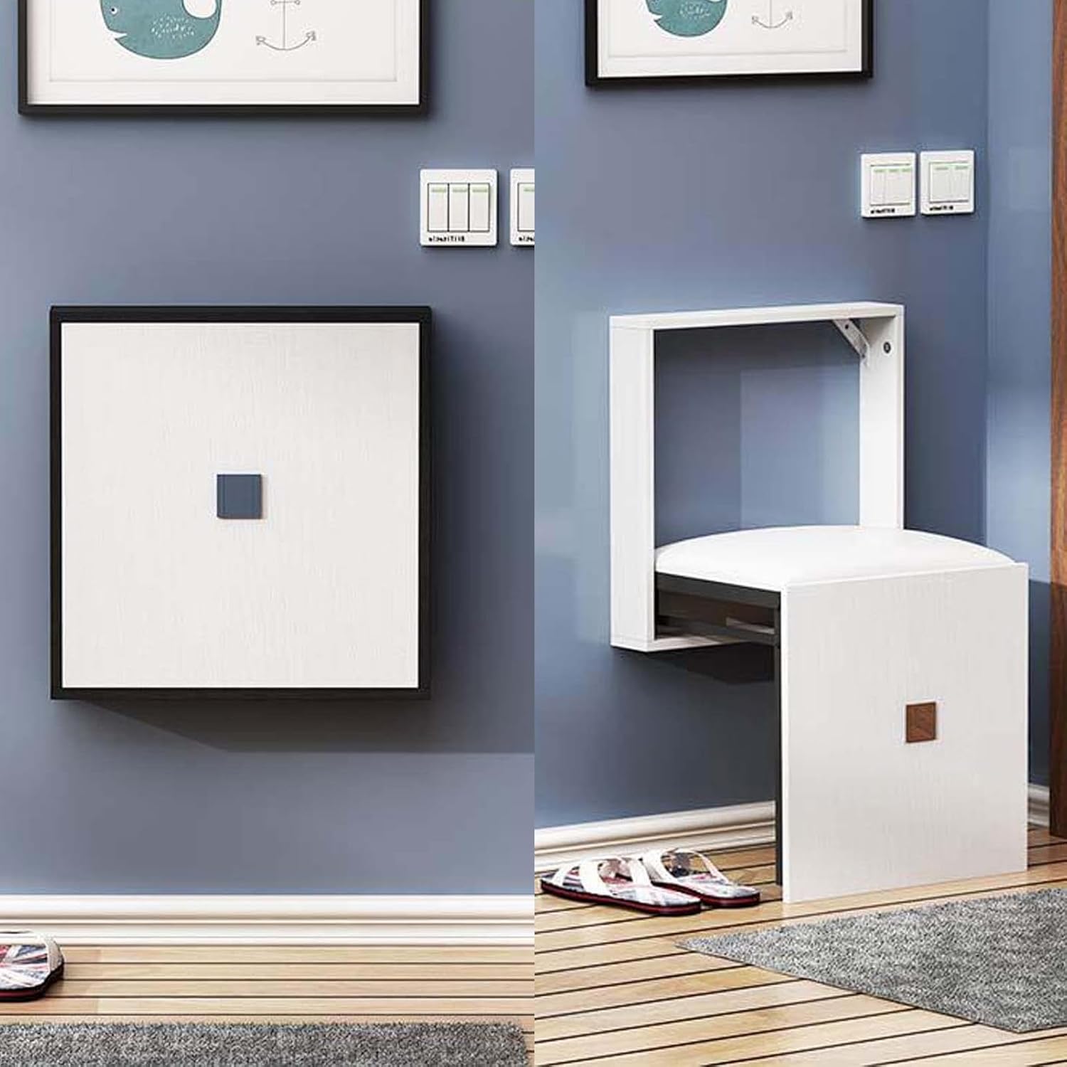 Folding Shower Seat, Wall-Mounted Bathroom Stool - Solid Wood Chair for Hall/Black