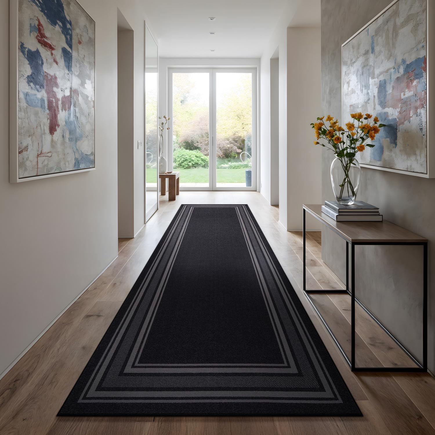 Beverly Rug Non Slip Area Rugs 2x7 Modern Bordered Non Skid Rubber Backing Soft Runner Rug for Living Dining Room Easy to Clean Non Shedding Kitchen Bedroom Indoor Carpet 2 x 7 Black