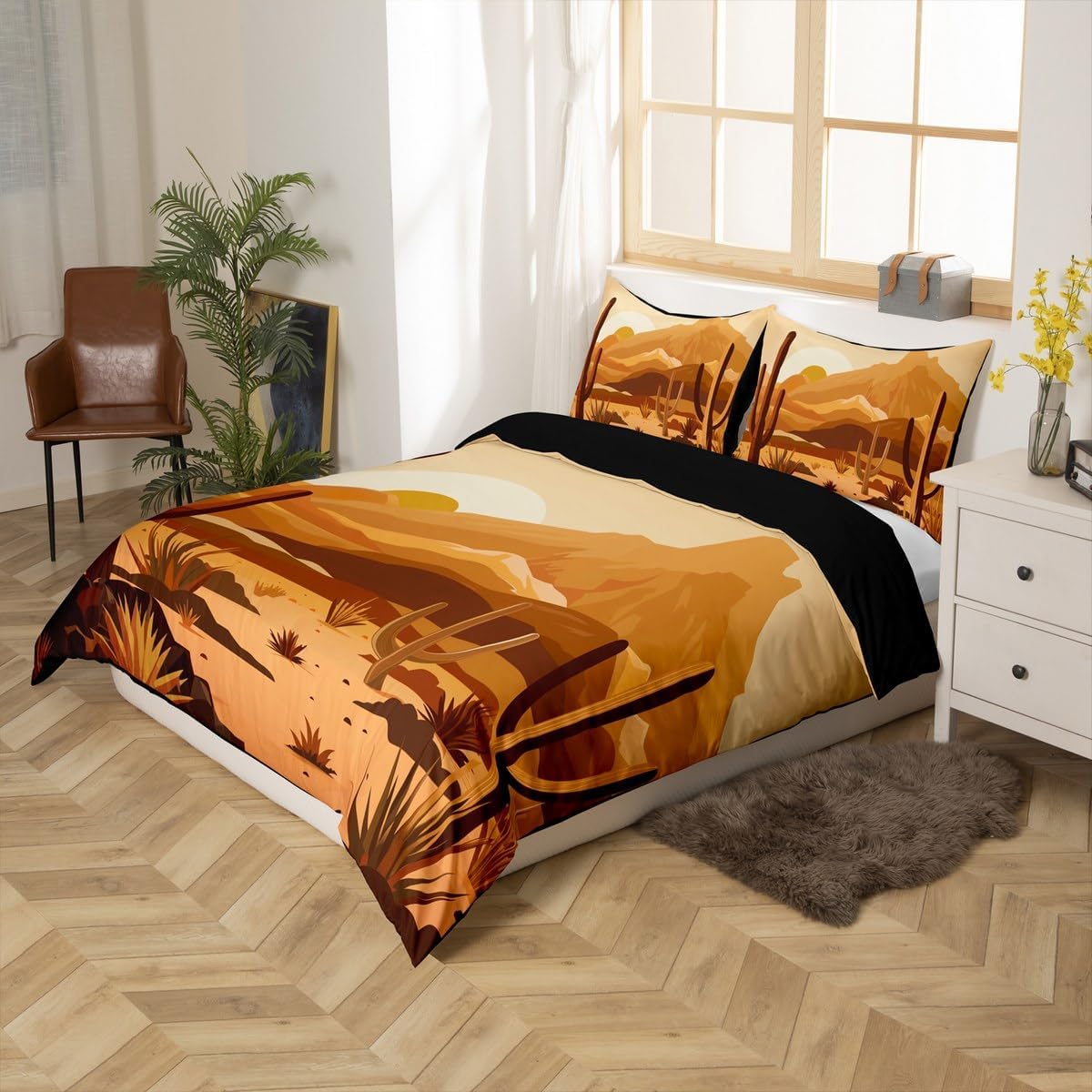 Western Desert Duvet Cover Set Full Size,Southwest Cowboy Cactus Sunset Natural Scenery Comforter Cover with 2 Pillowcases,African Style Rustic Farm Breathable Bedspread for Boys Teens,Pillow Sham